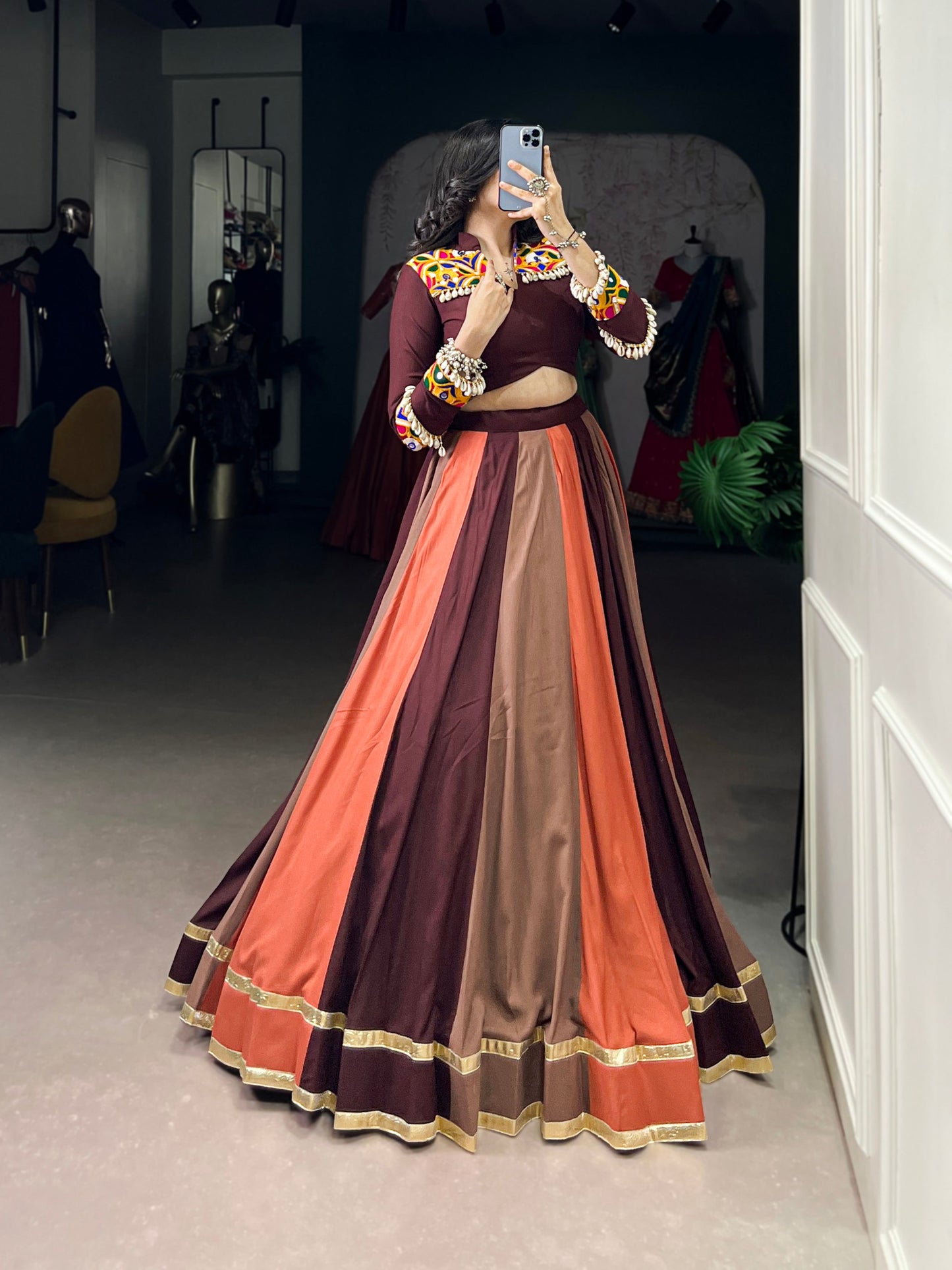 Navratri Special Multicolor Lehenga with Mirror Work Maroon Blouse and Tassel Detailing