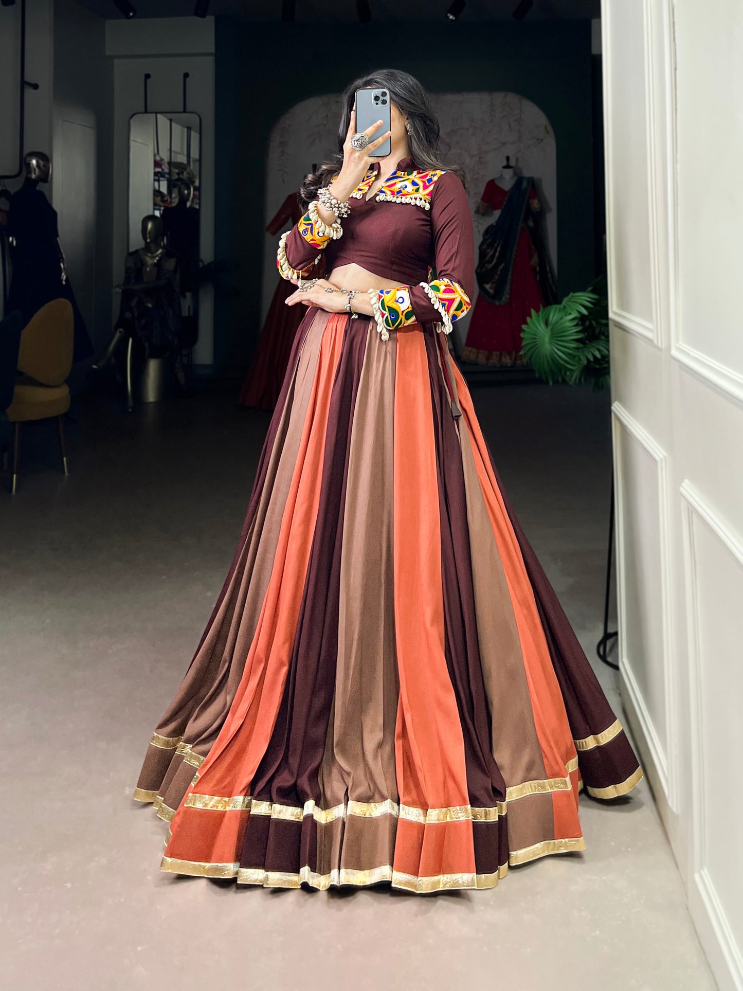 Navratri Special Multicolor Lehenga with Mirror Work Maroon Blouse and Tassel Detailing