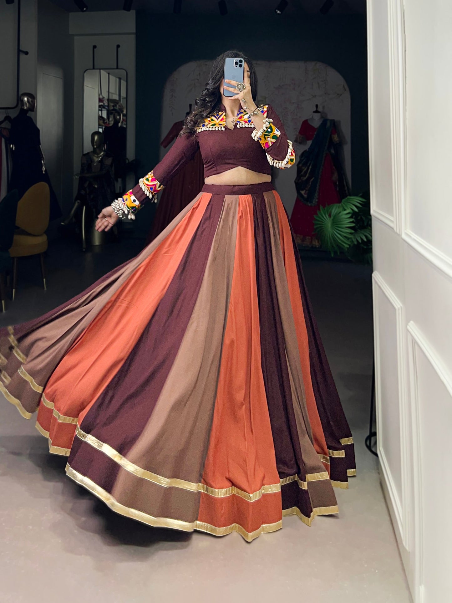 Navratri Special Multicolor Lehenga with Mirror Work Maroon Blouse and Tassel Detailing