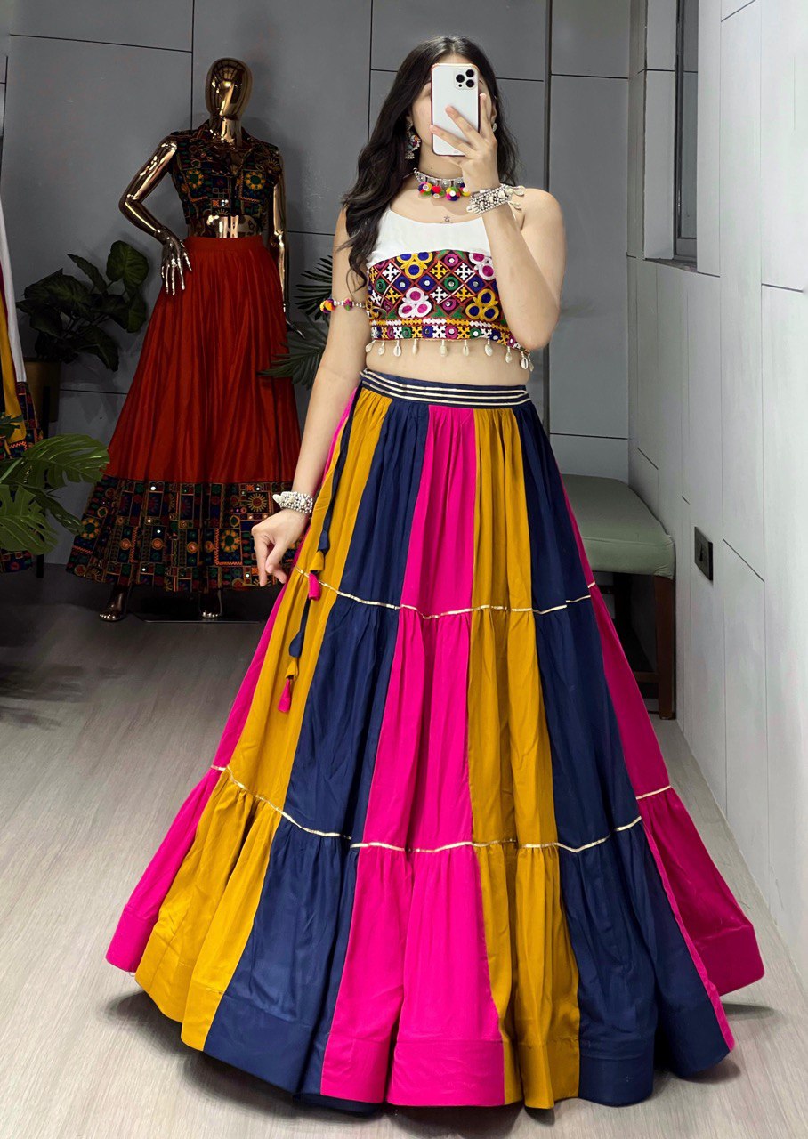 Rayon Cotton Navratri Flared Lehenga Choli for Women with Gamthi Work Blouse