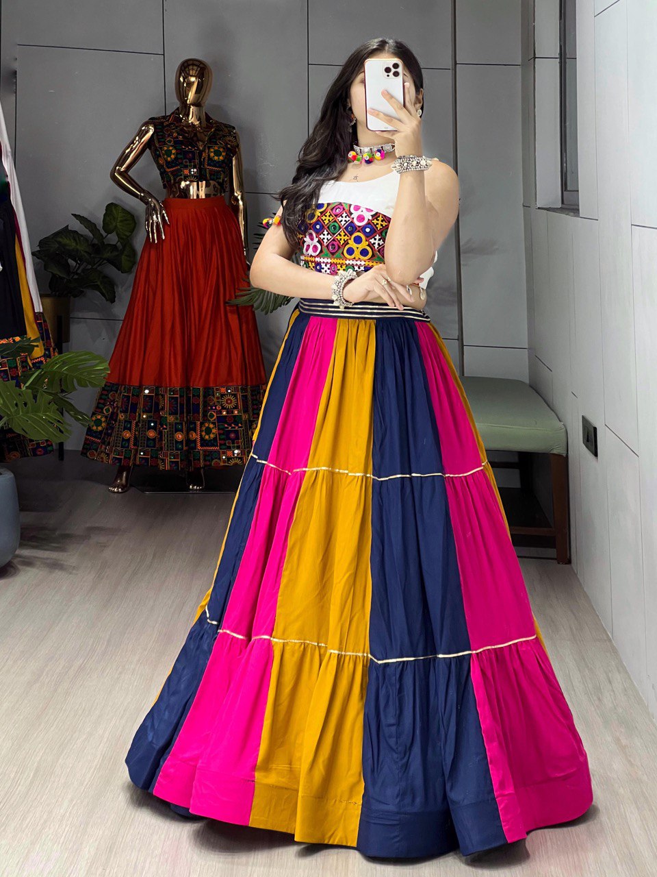 Rayon Cotton Navratri Flared Lehenga Choli for Women with Gamthi Work Blouse