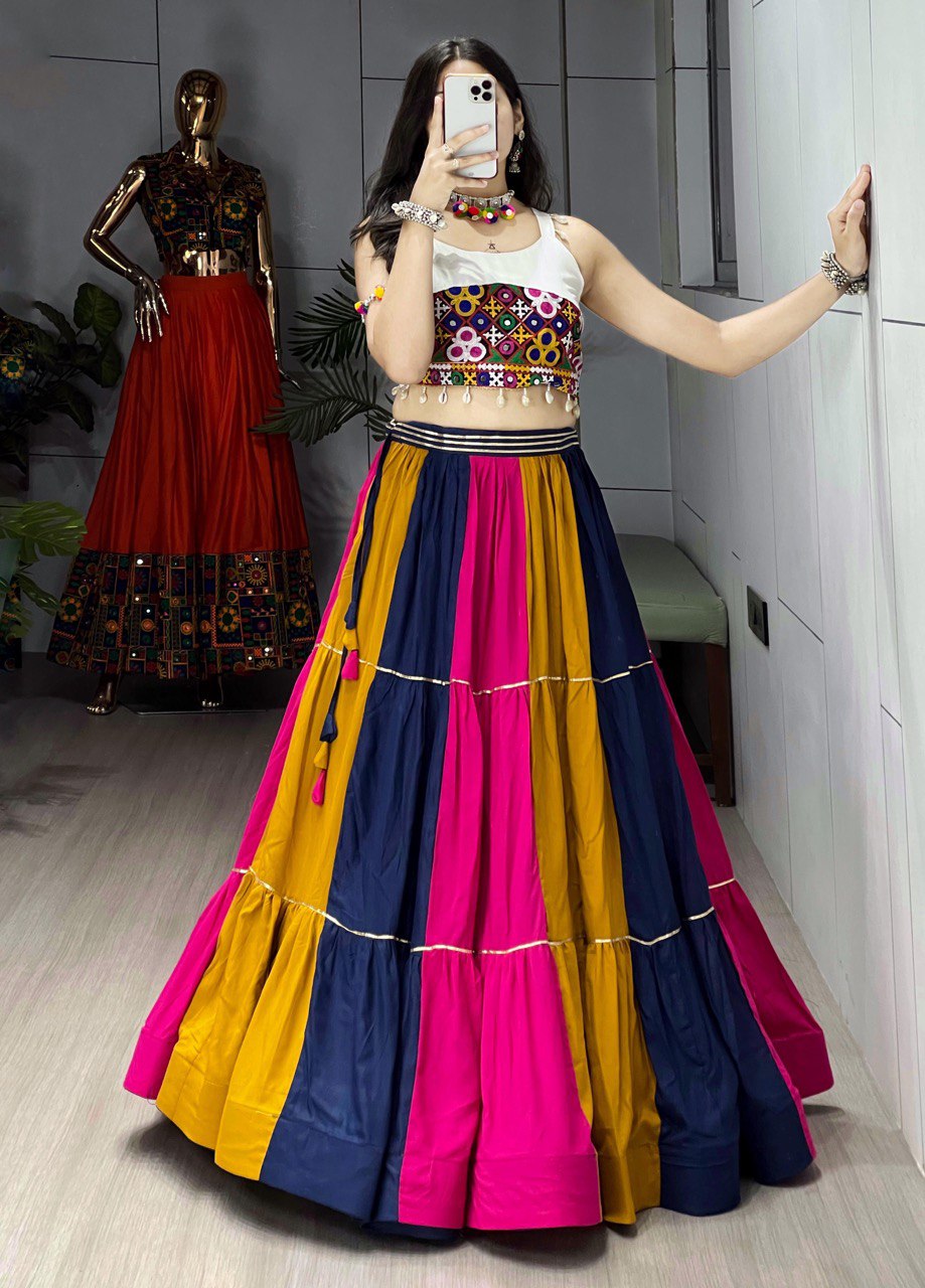 Rayon Cotton Navratri Flared Lehenga Choli for Women with Gamthi Work Blouse