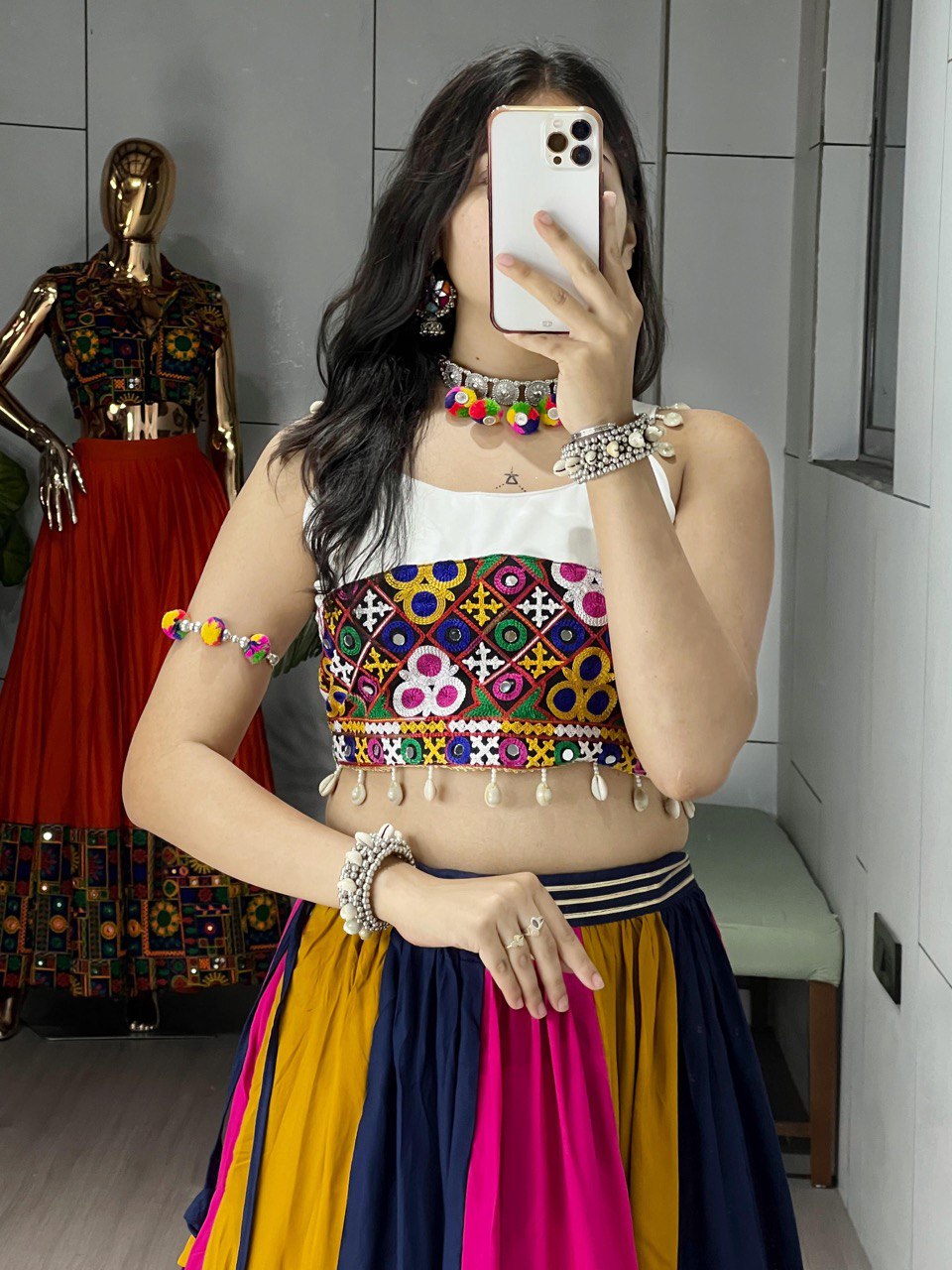 Rayon Cotton Navratri Flared Lehenga Choli for Women with Gamthi Work Blouse