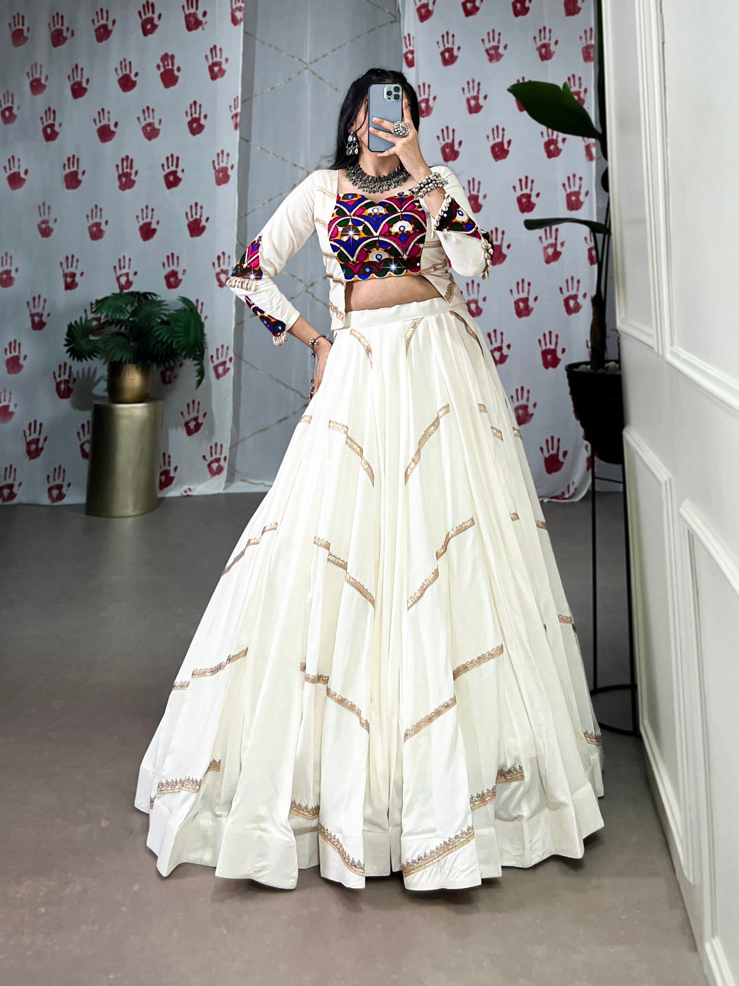 Pure Rayon Mirror Gamthi Work With Sequins Lace White Navratri Lehenga Choli