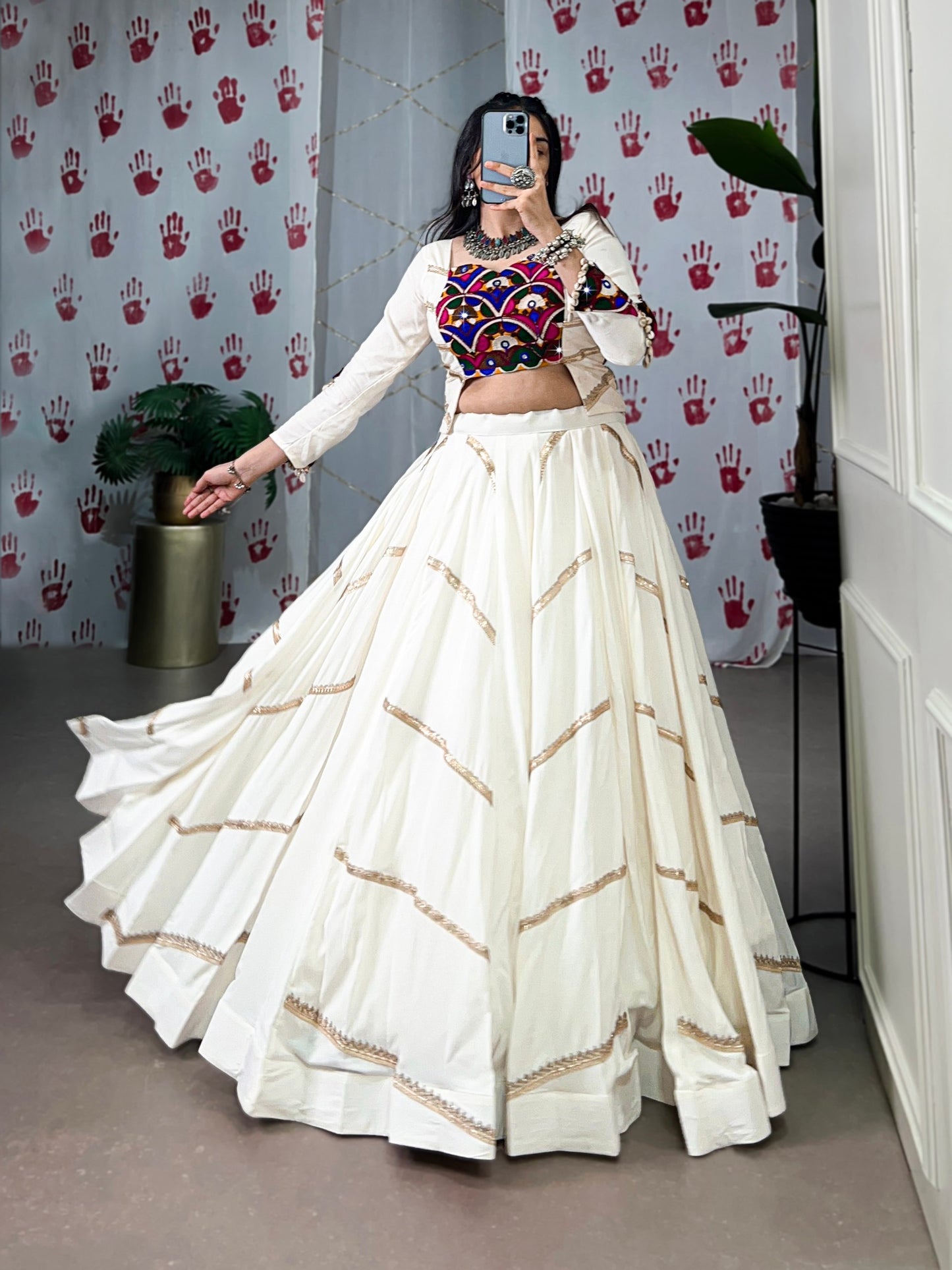 Pure Rayon Mirror Gamthi Work With Sequins Lace White Navratri Lehenga Choli