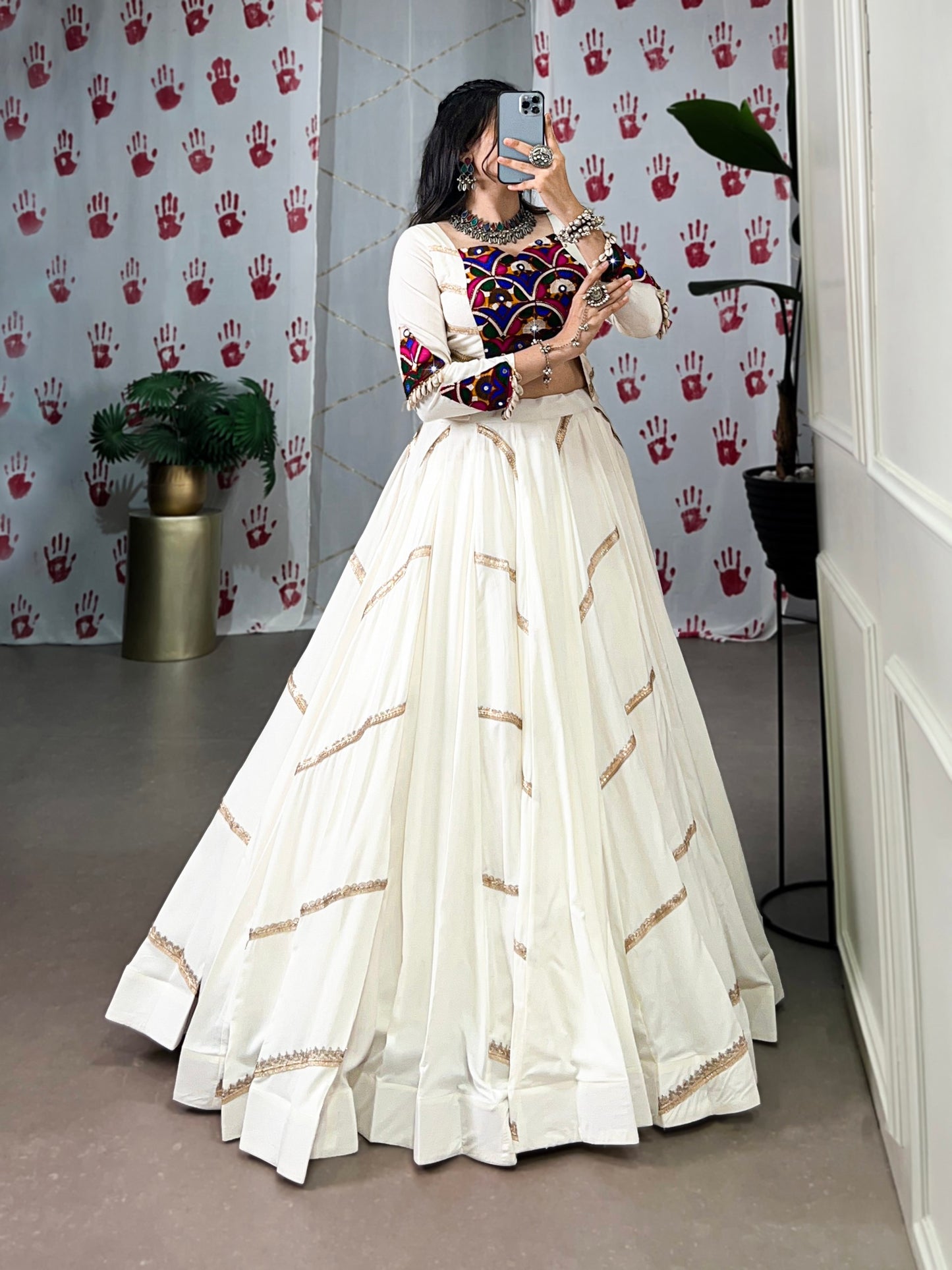 Pure Rayon Mirror Gamthi Work With Sequins Lace White Navratri Lehenga Choli