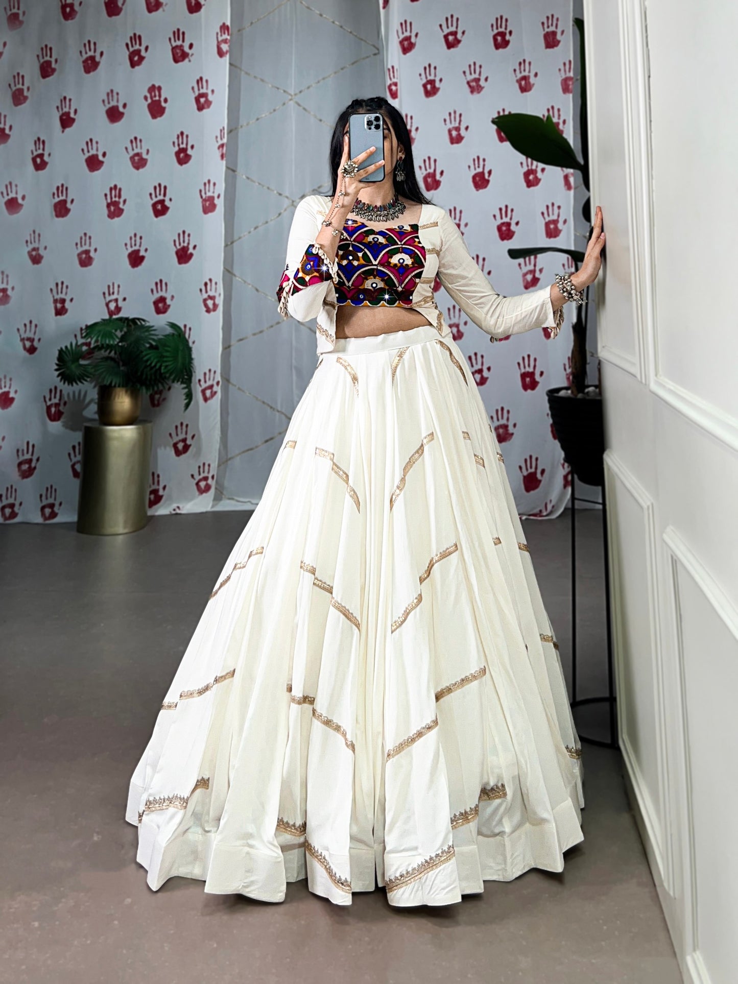 Pure Rayon Mirror Gamthi Work With Sequins Lace White Navratri Lehenga Choli