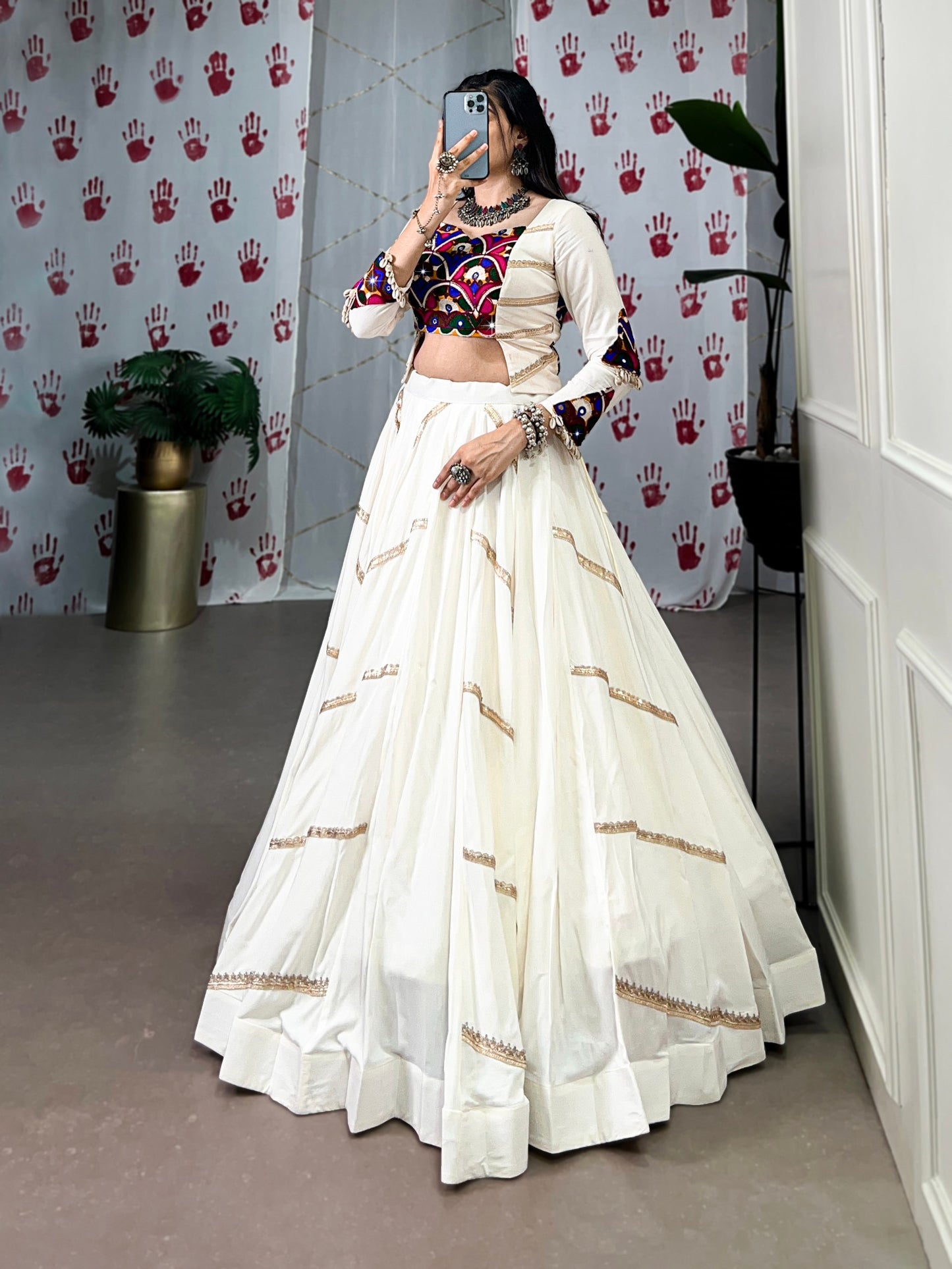 Pure Rayon Mirror Gamthi Work With Sequins Lace White Navratri Lehenga Choli