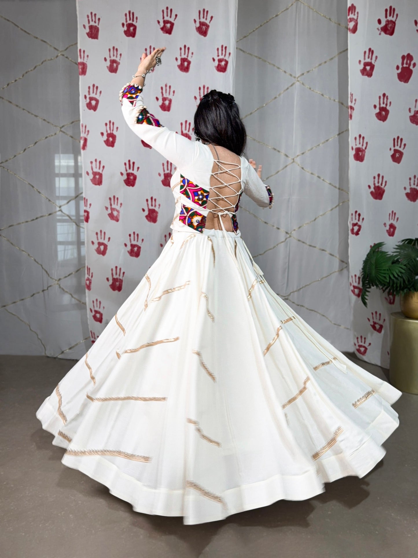 Pure Rayon Mirror Gamthi Work With Sequins Lace White Navratri Lehenga Choli