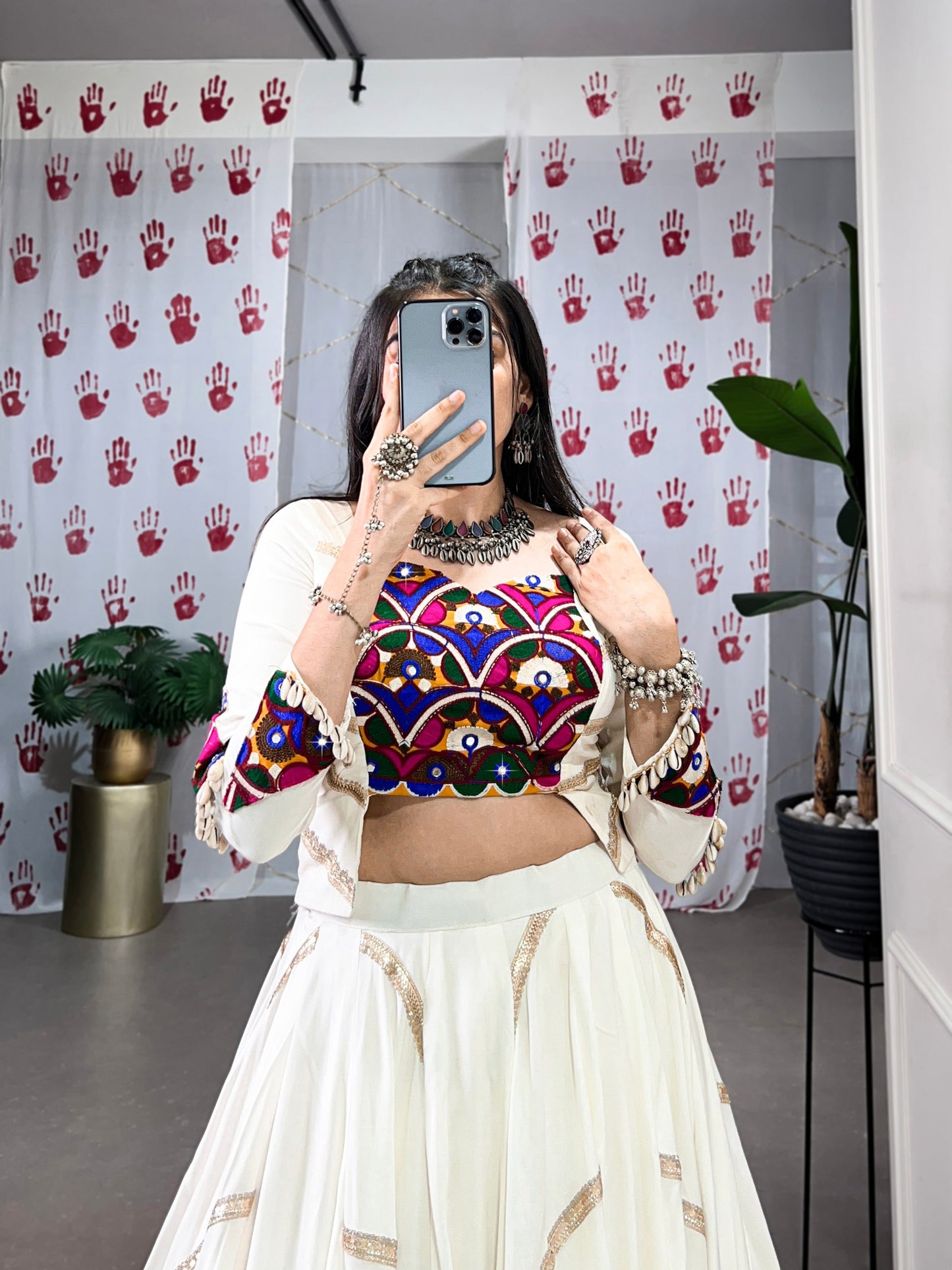 Pure Rayon Mirror Gamthi Work With Sequins Lace White Navratri Lehenga Choli