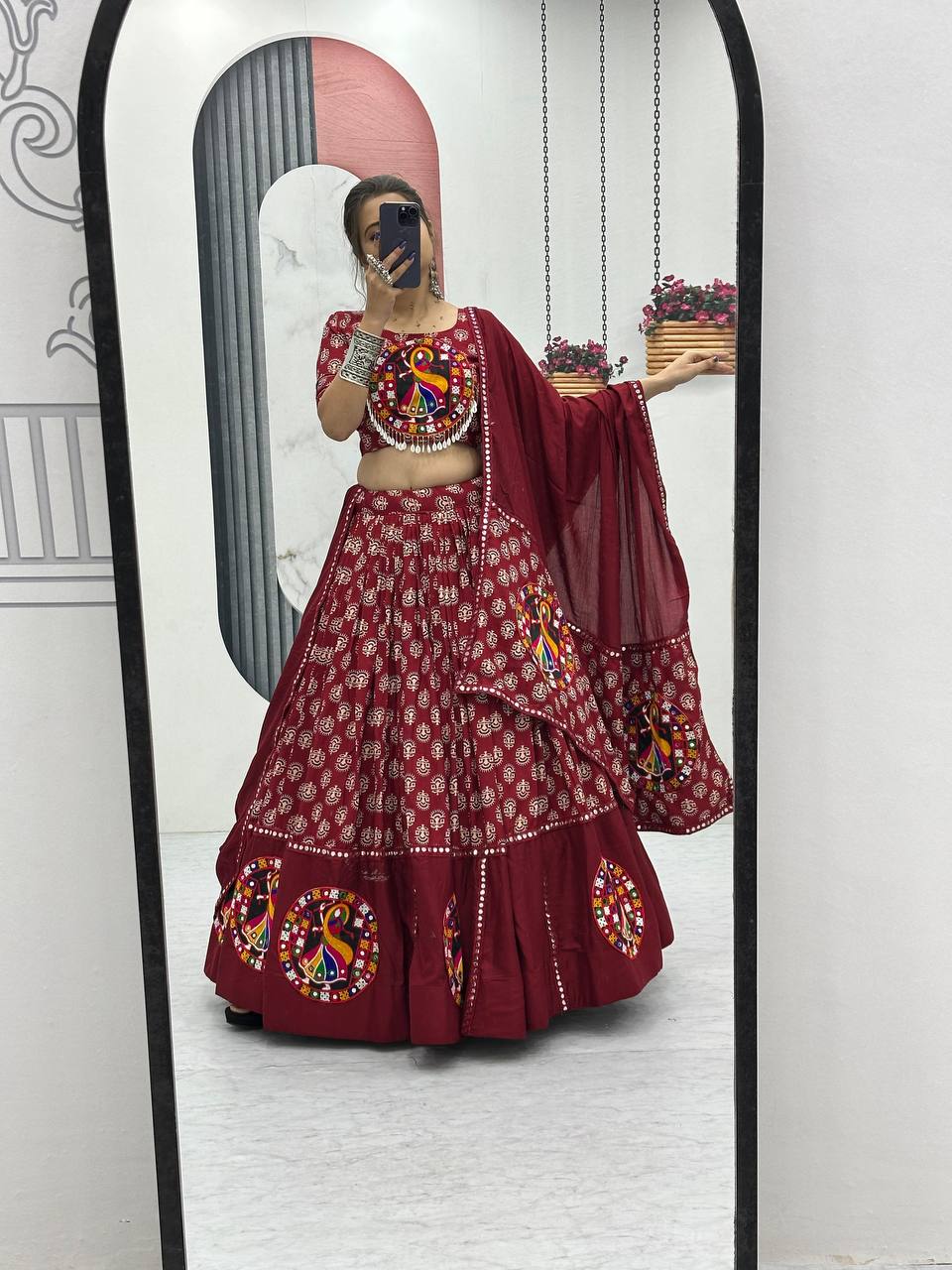 Navratri Special Pure Cotton Maroon Flared Lehenga Choli With Heavy Gamathi Work