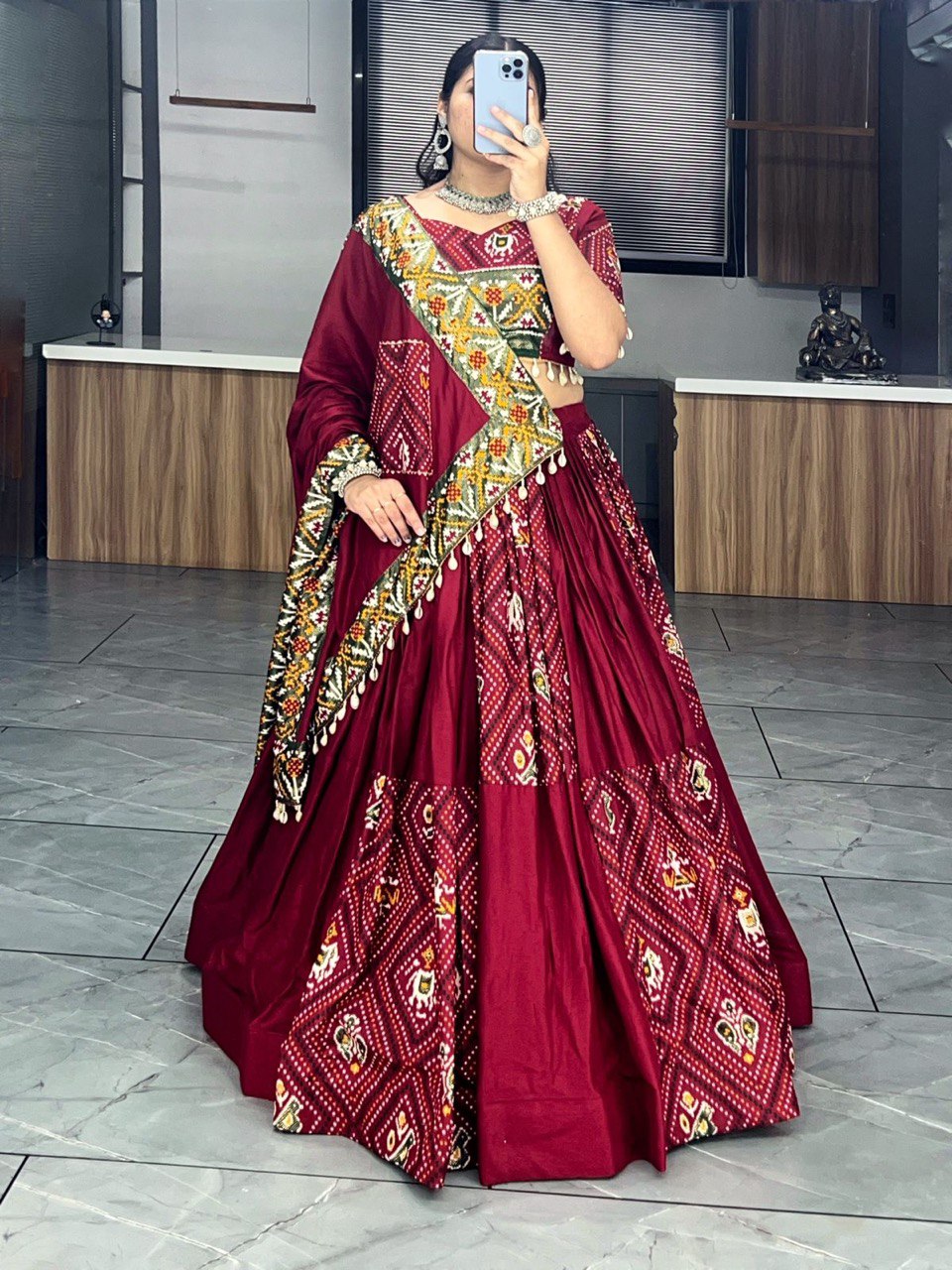 Traditional Maroon Bandhani Lehenga Choli Set with Patola Print and Canvas