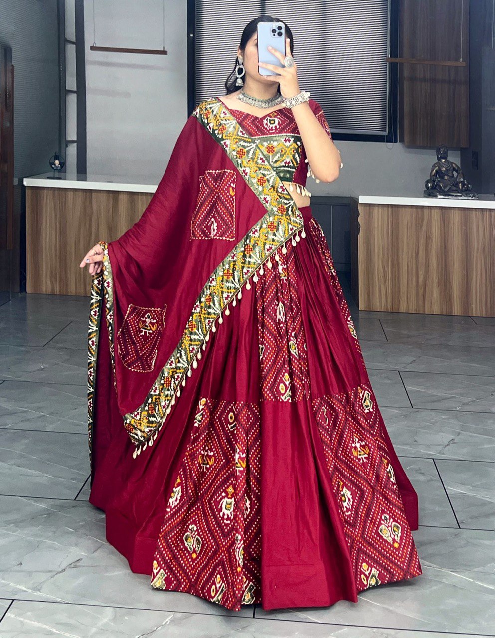 Traditional Maroon Bandhani Lehenga Choli Set with Patola Print and Canvas