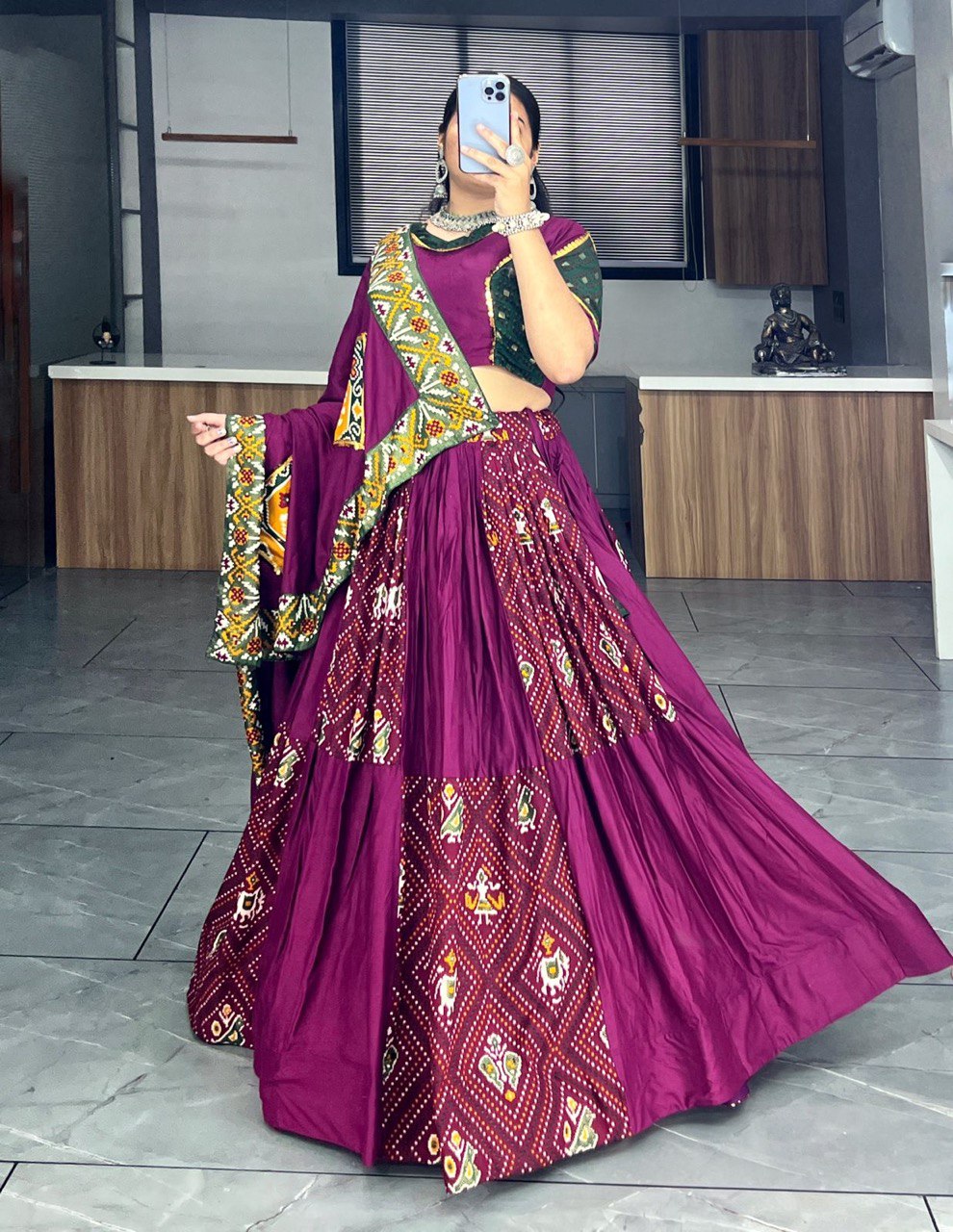 Traditional Wine Bandhani Lehenga Choli Set with Patola Print and Canvas