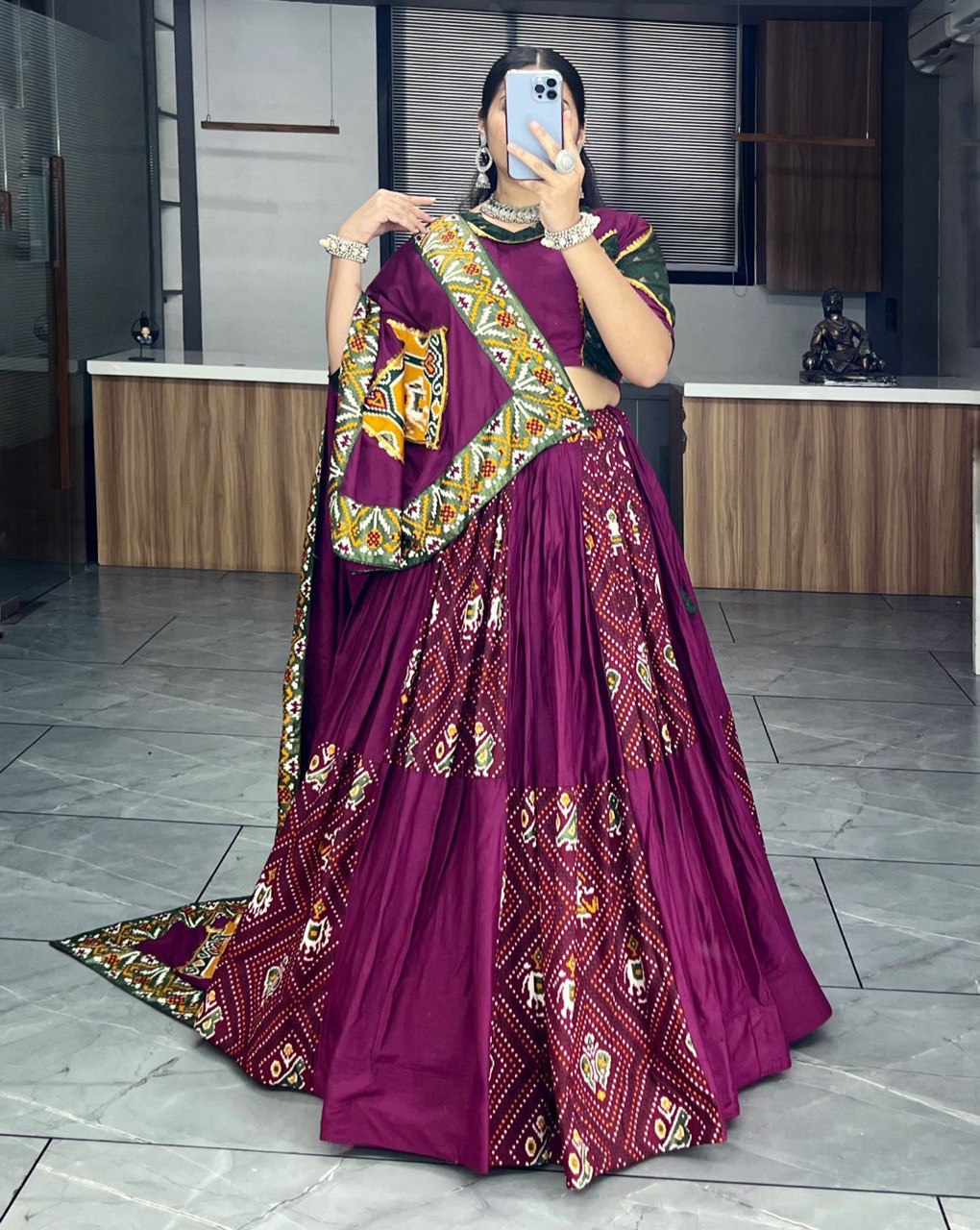 Traditional Wine Bandhani Lehenga Choli Set with Patola Print and Canvas