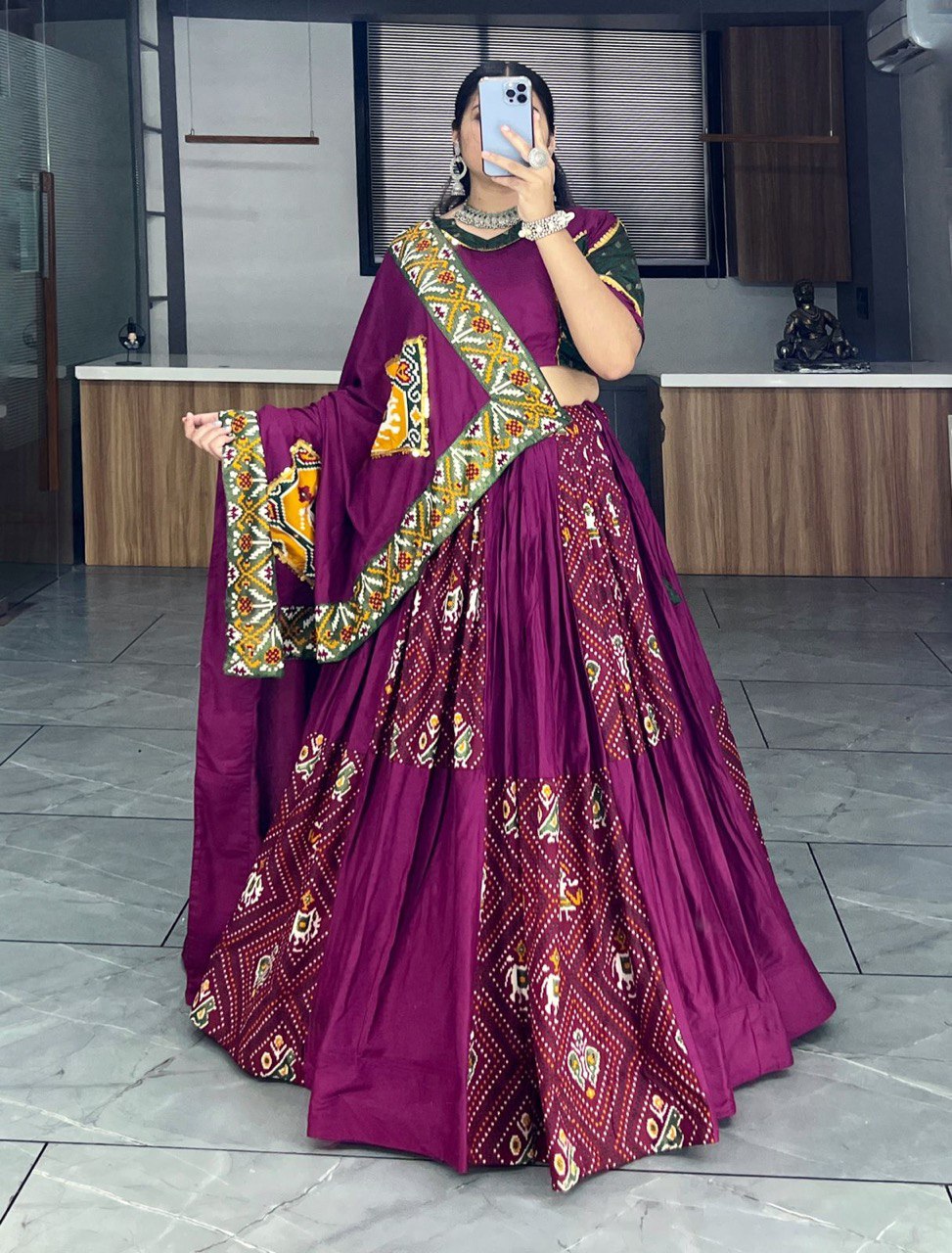 Traditional Wine Bandhani Lehenga Choli Set with Patola Print and Canvas