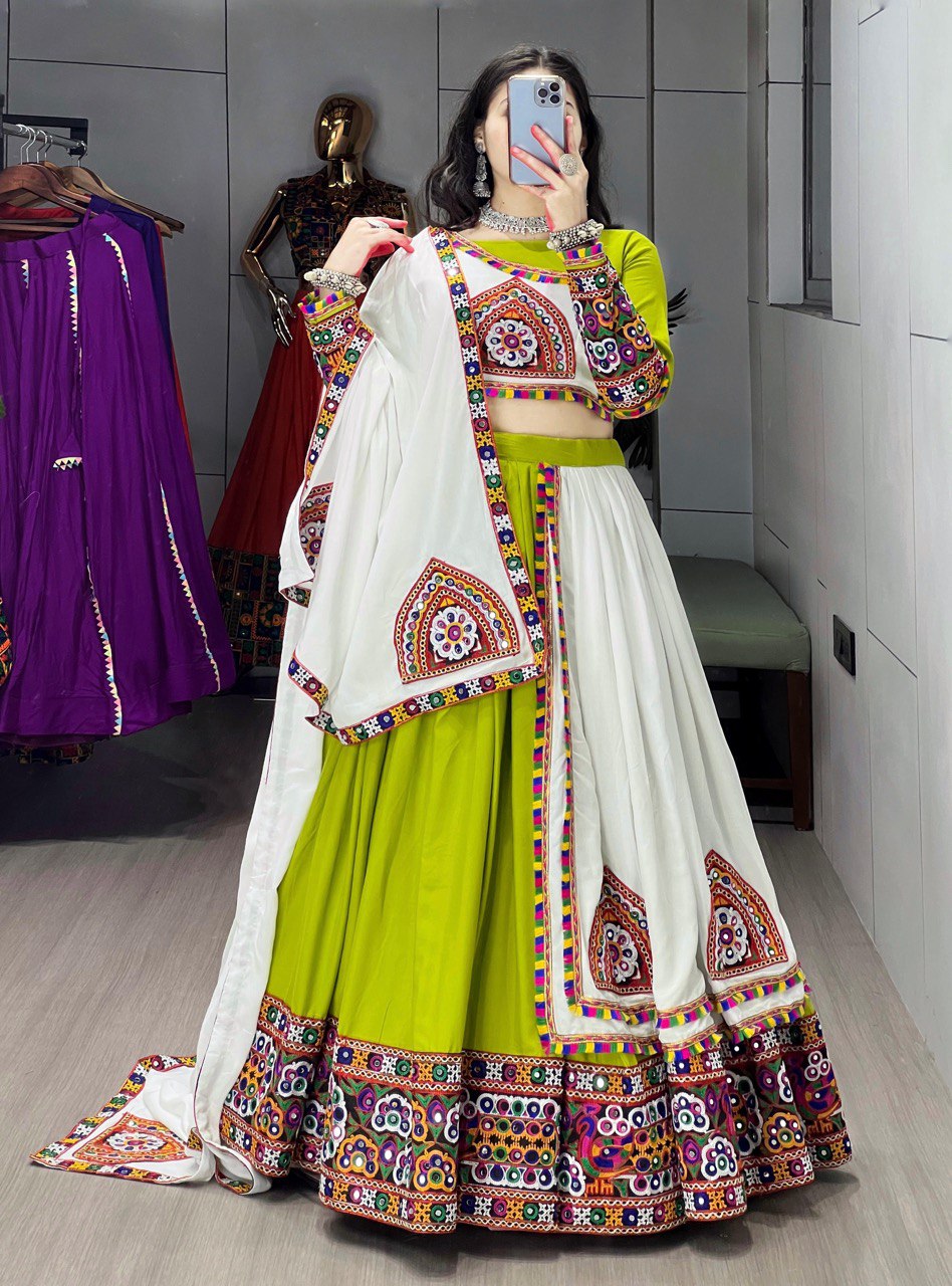 Navratri Mirror Work Pure Rayon Cotton Lehenga Choli Set with Gamthi Work