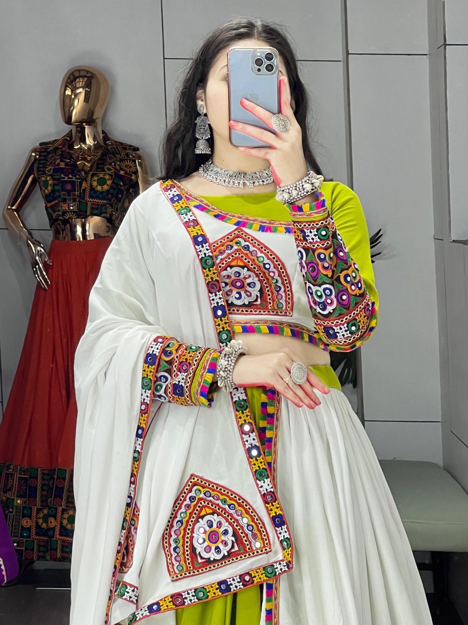 Navratri Mirror Work Pure Rayon Cotton Lehenga Choli Set with Gamthi Work