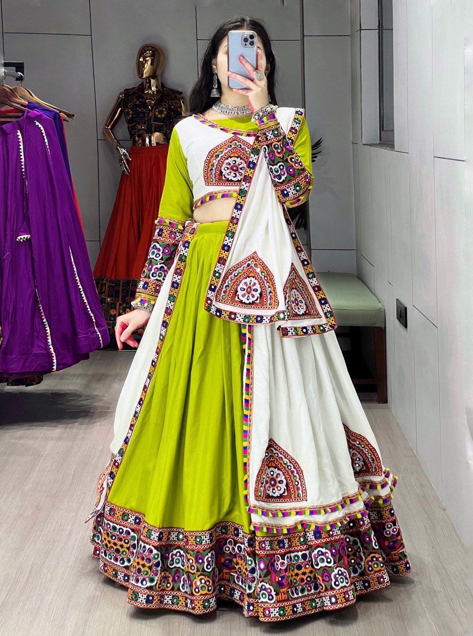 Navratri Mirror Work Pure Rayon Cotton Lehenga Choli Set with Gamthi Work