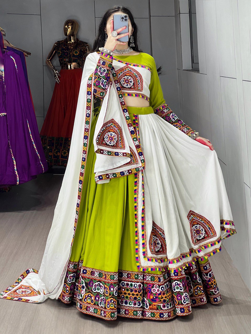 Navratri Mirror Work Pure Rayon Cotton Lehenga Choli Set with Gamthi Work