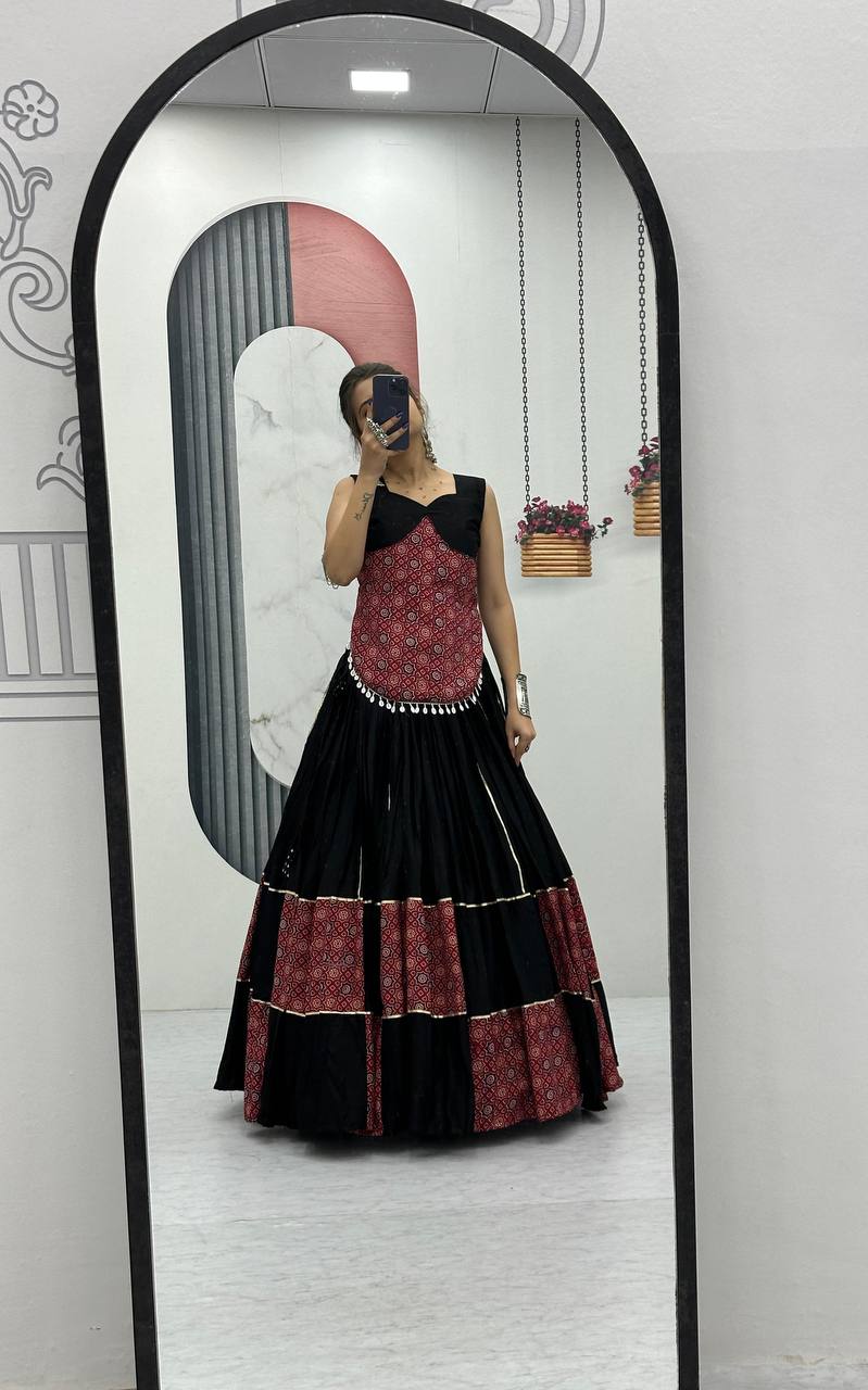 Navratri Special Ajarakh Print Pure Cotton Black Lehenga Choli