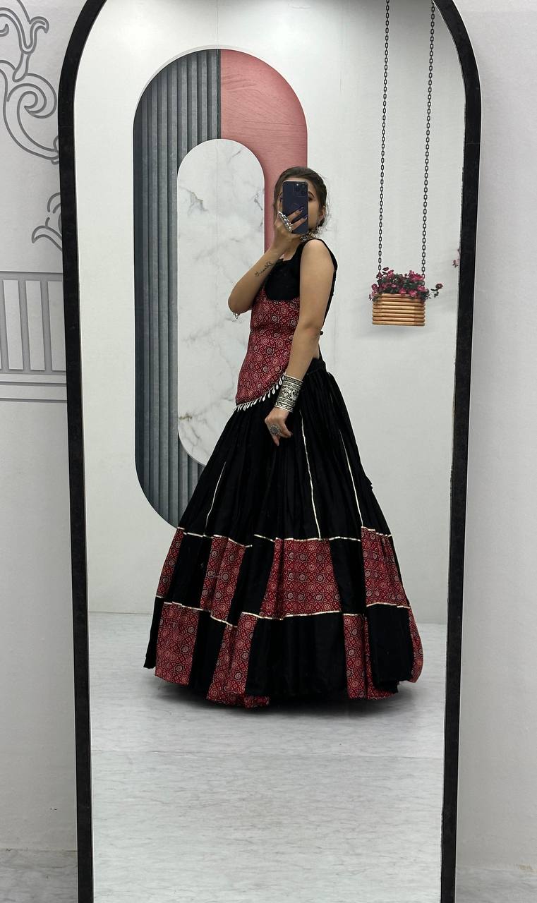 Navratri Special Ajarakh Print Pure Cotton Black Lehenga Choli