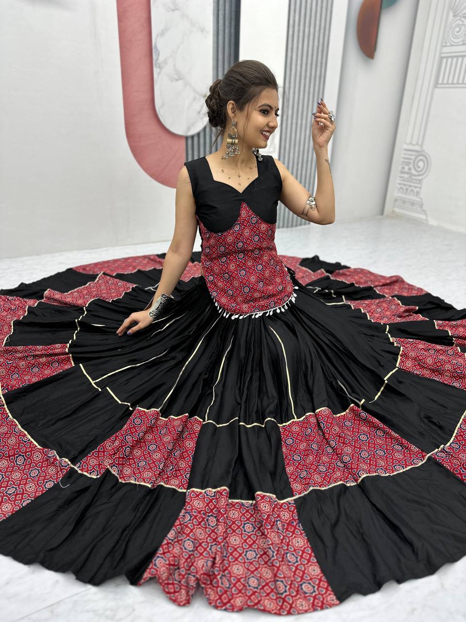 Navratri Special Ajarakh Print Pure Cotton Black Lehenga Choli