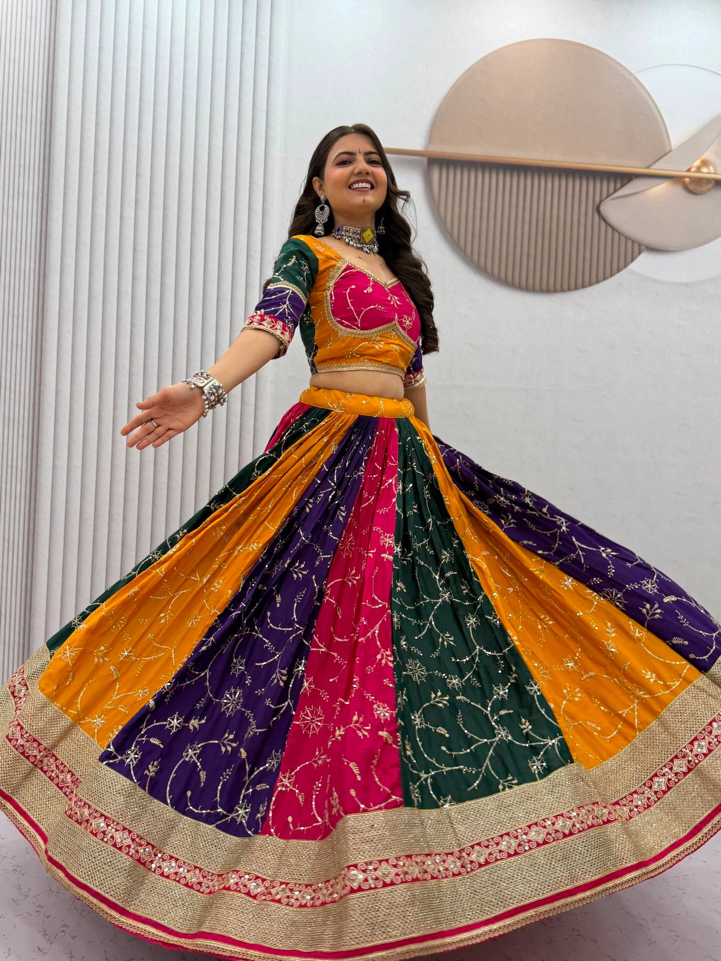Women's Navratri Special Multicolor Lehenga Choli with 6 Meter Flair & Embroidered Dupatta