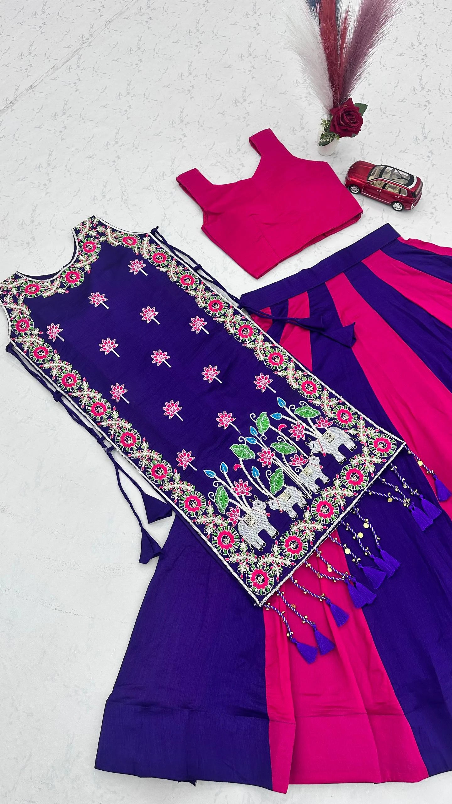 Women Fully Stitched Heavy Work Vichitra Silk Lehenga with Shrug for Navratri