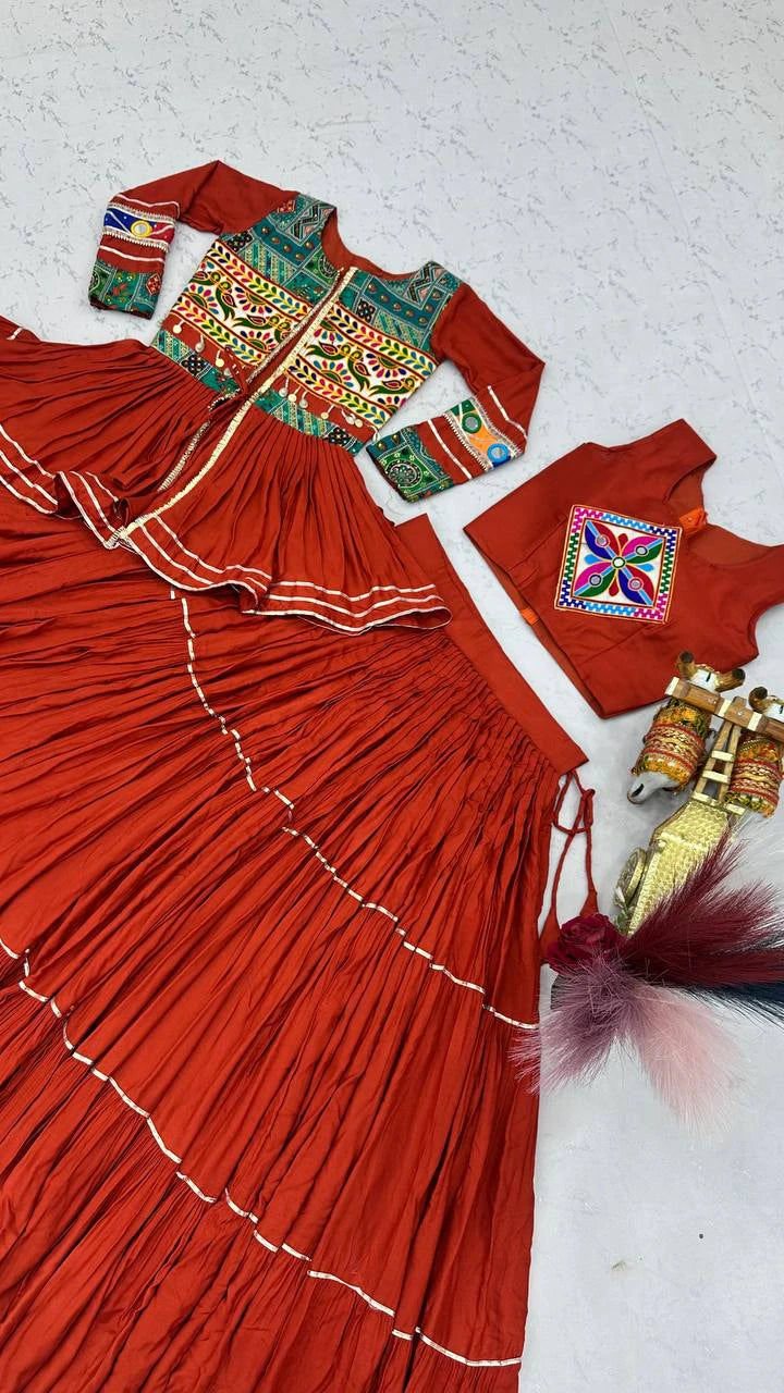 Navratri Special Pure Cotton Koti Chaniya Choli with Gamthi Work and Ribbon Lace Flared Lehenga