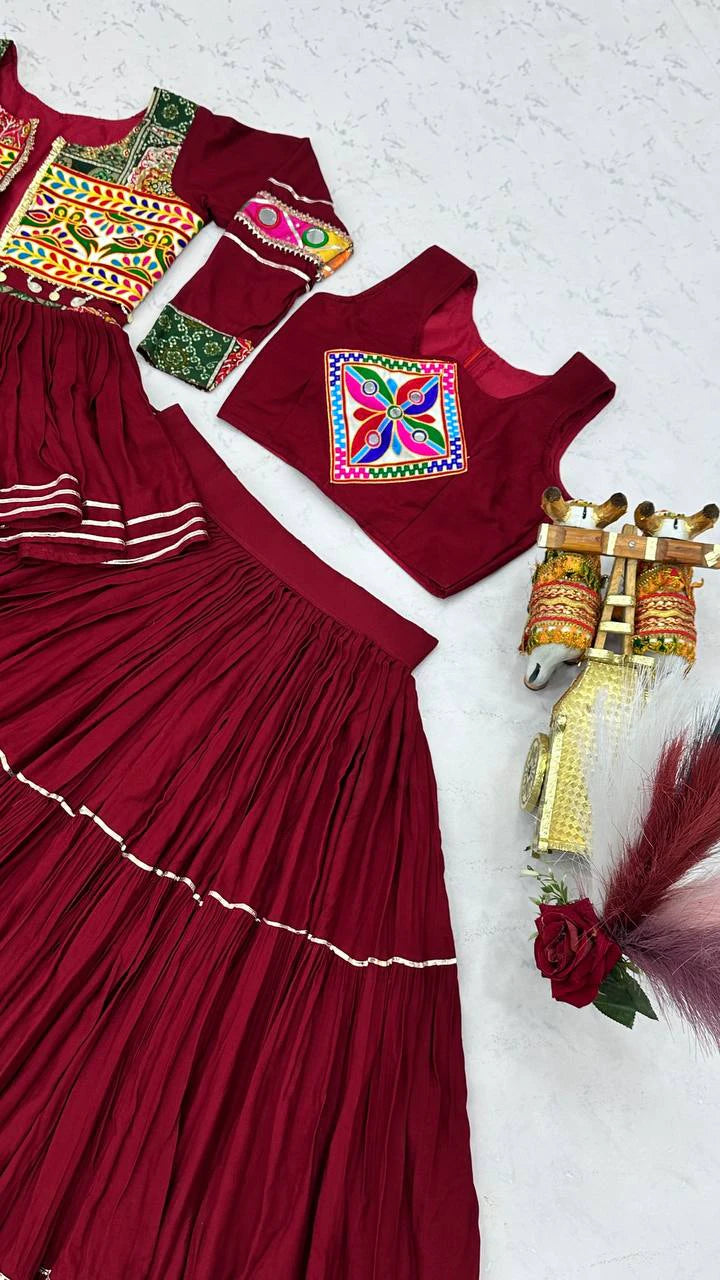 Navratri Pure Cotton Koti Chaniya Choli with Gamthi Work and Ribbon Lace Flared Lehenga