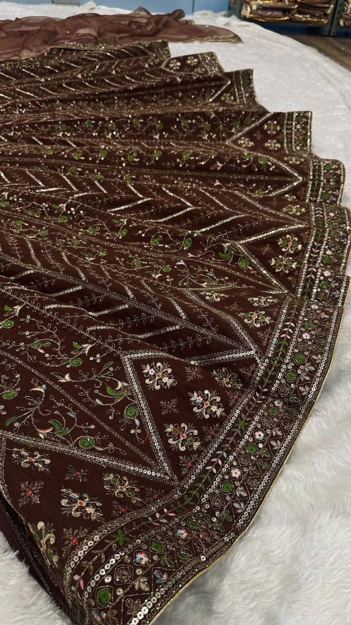 Mocha Brown Thai Silk Lehenga with Intricate Thread Sequin and Dori Embroidery