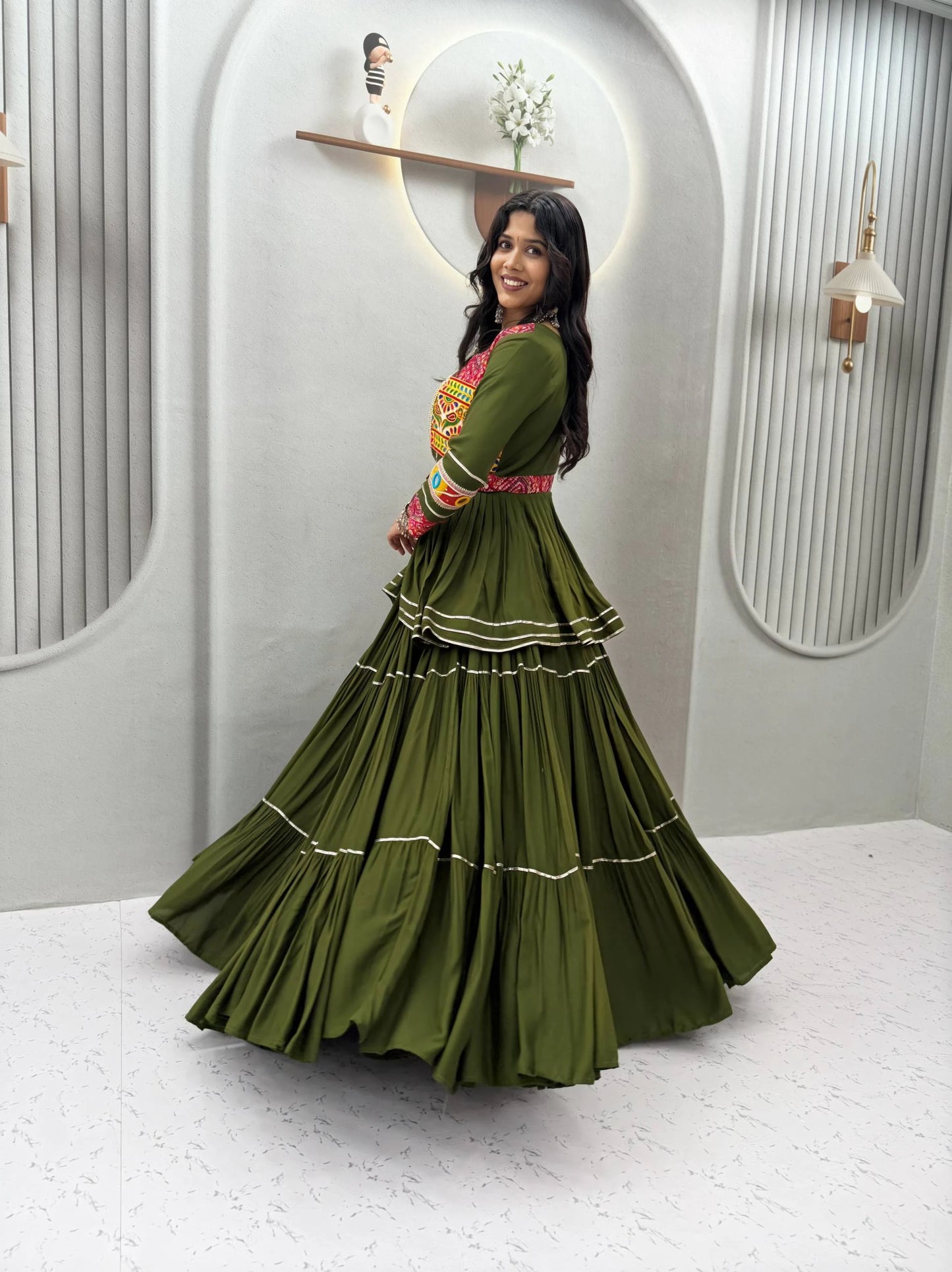 Mustard Green Gamthi Work Lehenga Choli with Koti for Navratri Garba