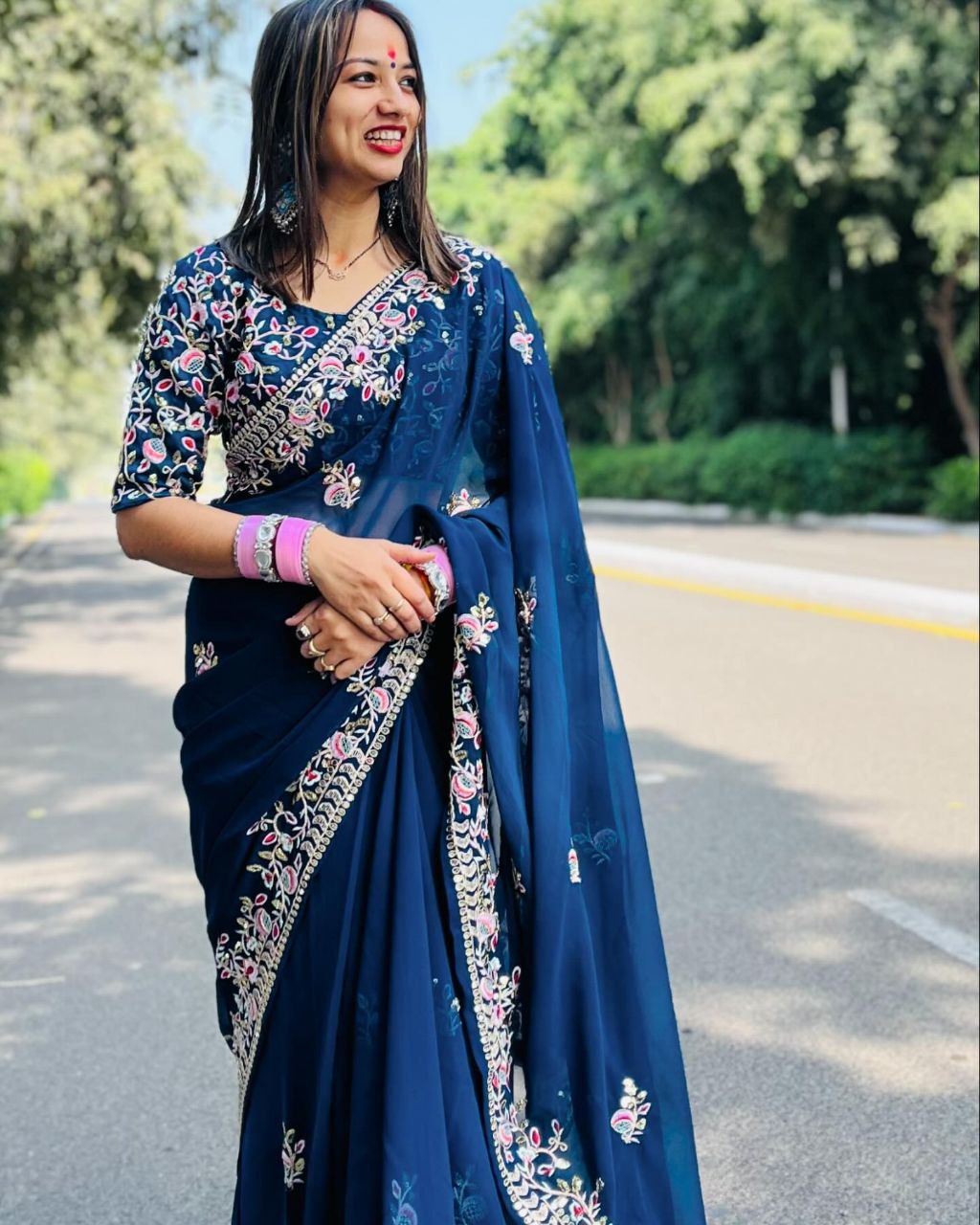 Blue Soft Rangoli Silk Sequence Work Saree With Blouse