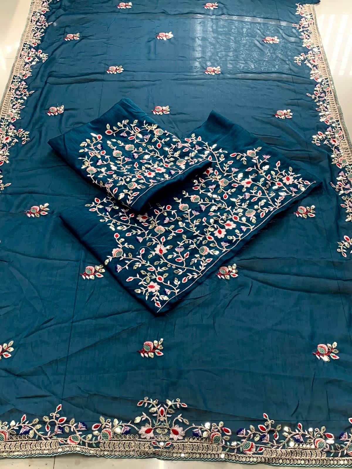 Blue Soft Rangoli Silk Sequence Work Saree With Blouse