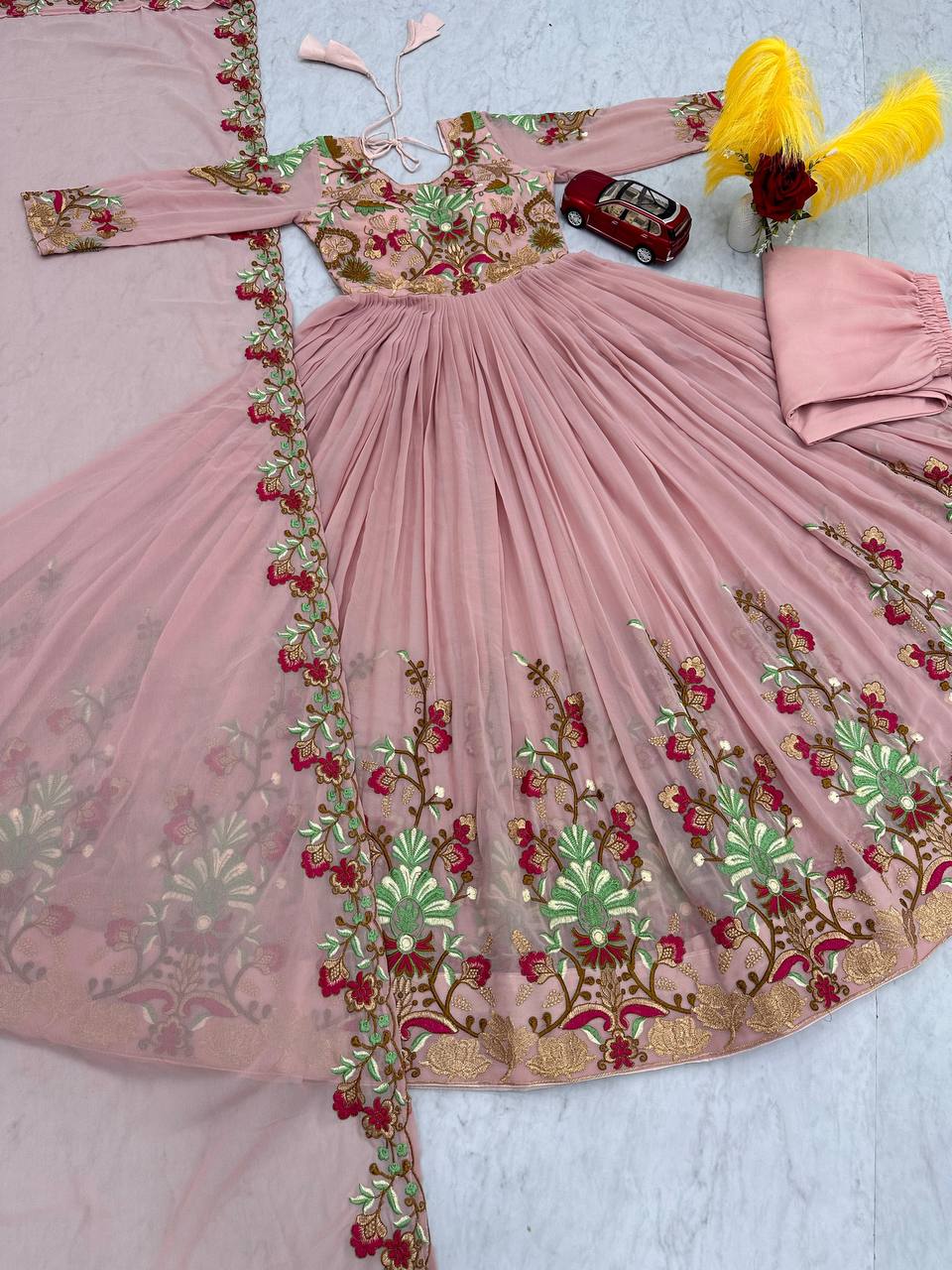 Designer Embroidered Gown With Pant and Dupatta Set