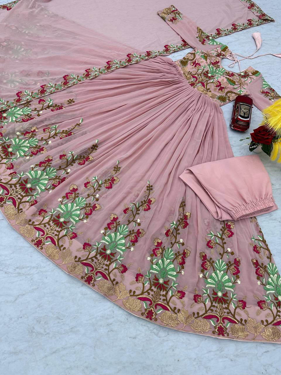 Designer Embroidered Gown With Pant and Dupatta Set