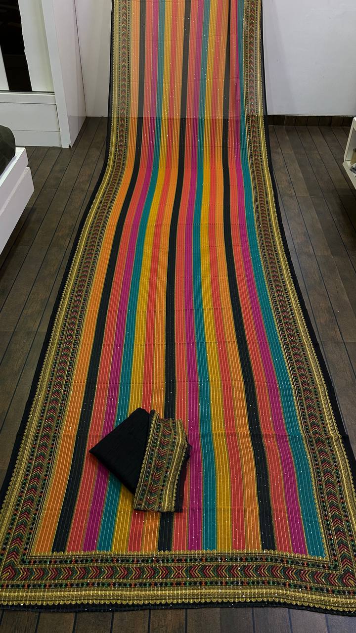 Heavy Georgette Digital Print With Sequence Work Line Saree