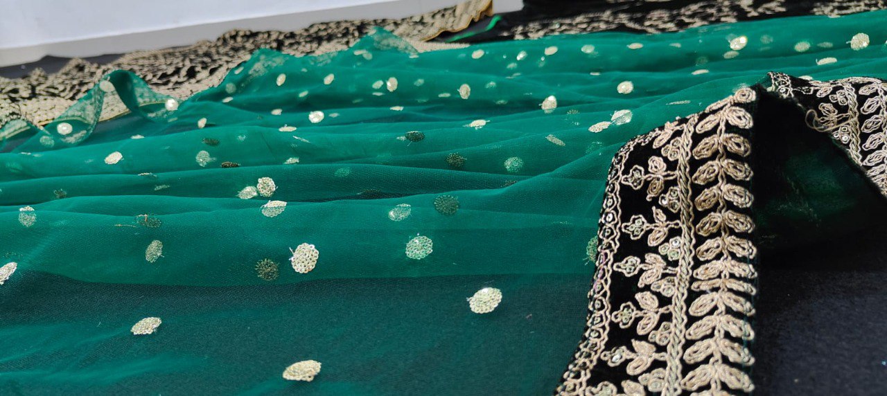 Bottle Green Velvet Lehenga Choli with Zari and Codding Dori Embroidery Work