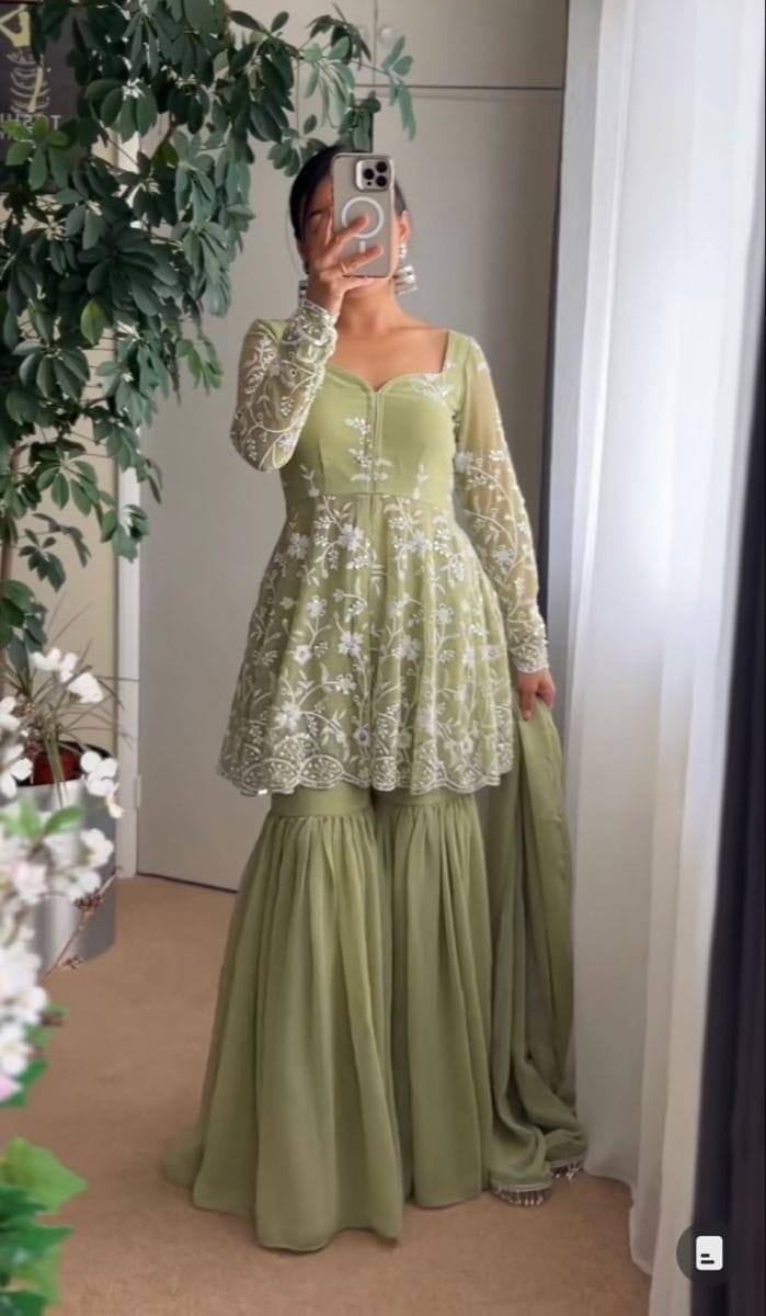 NEW DESIGNER WEAR HEAVY CHINE WORK TOP WITH SHARARA AND DUPATTA