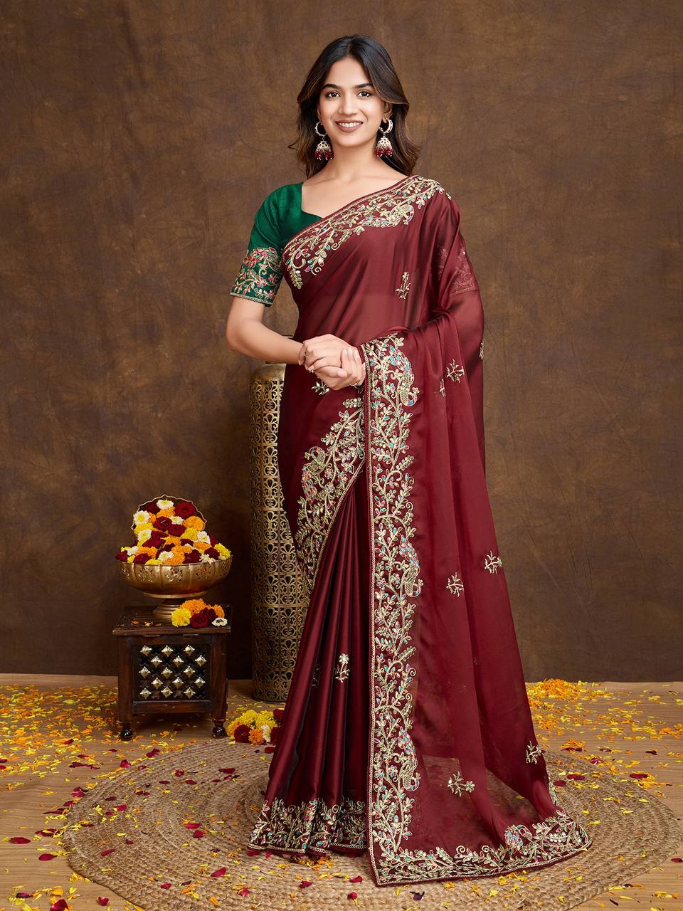 Maroon Embroidered Rangoli Silk Saree Set