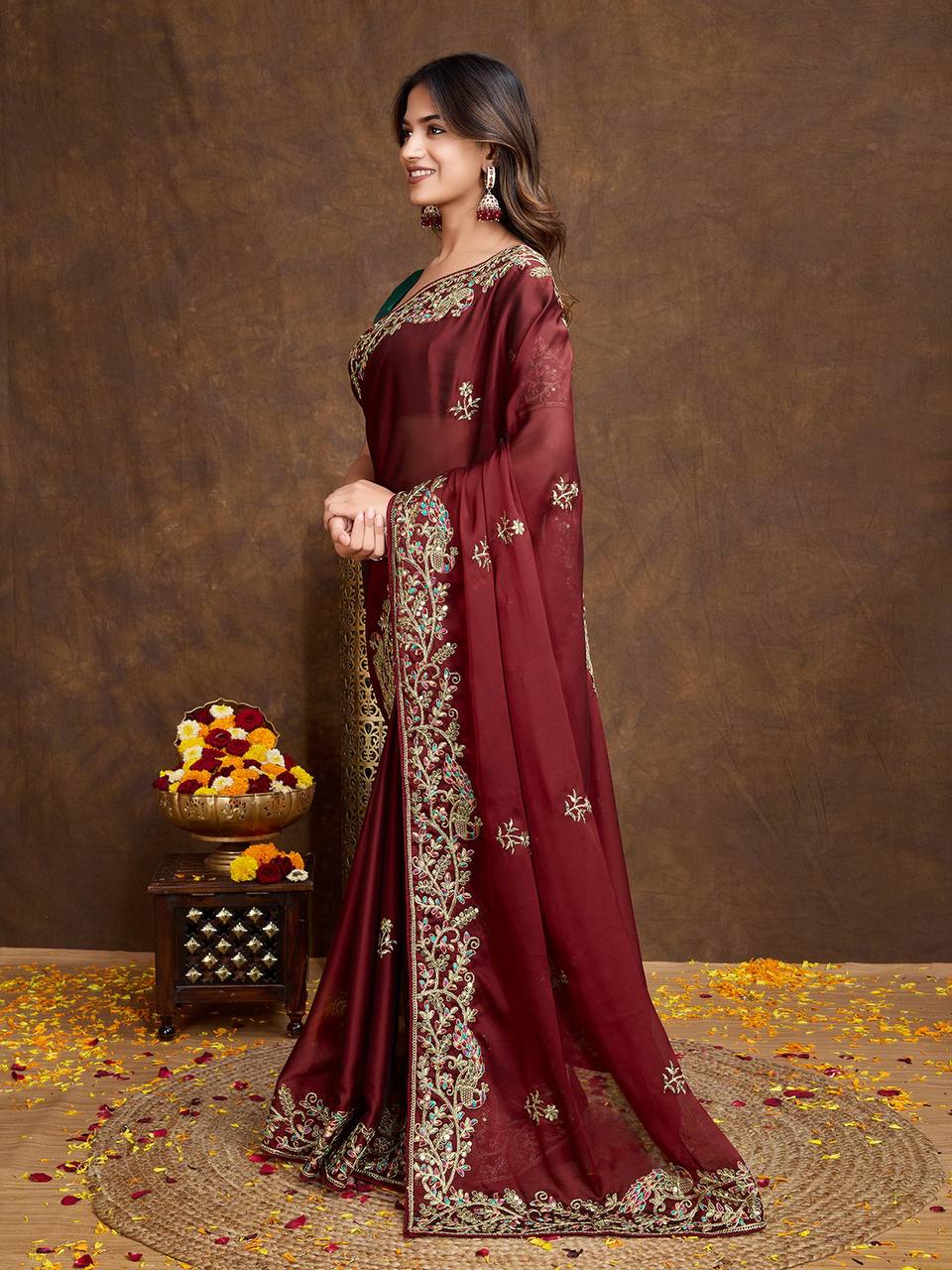 Maroon Embroidered Rangoli Silk Saree Set