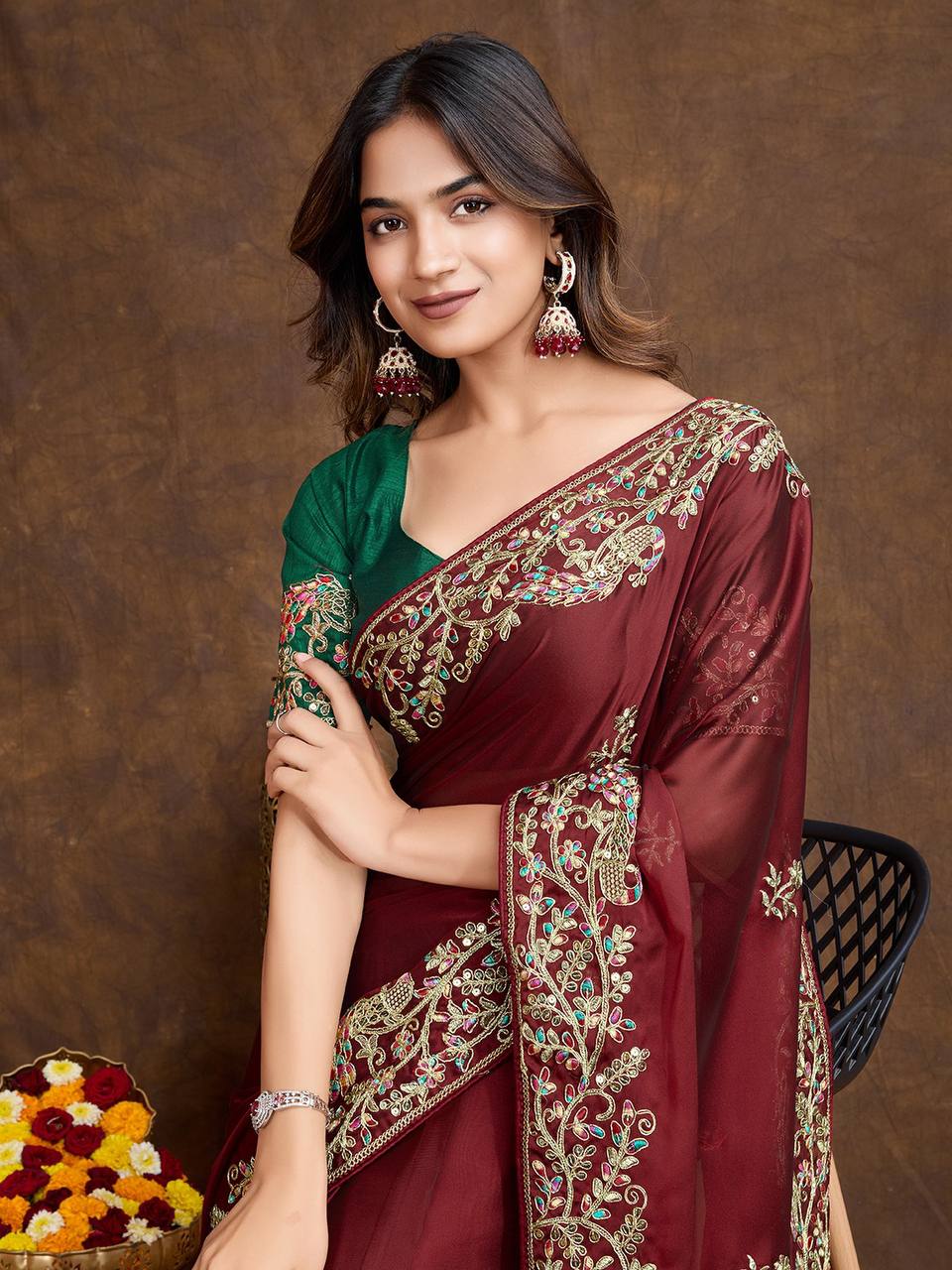 Maroon Embroidered Rangoli Silk Saree Set