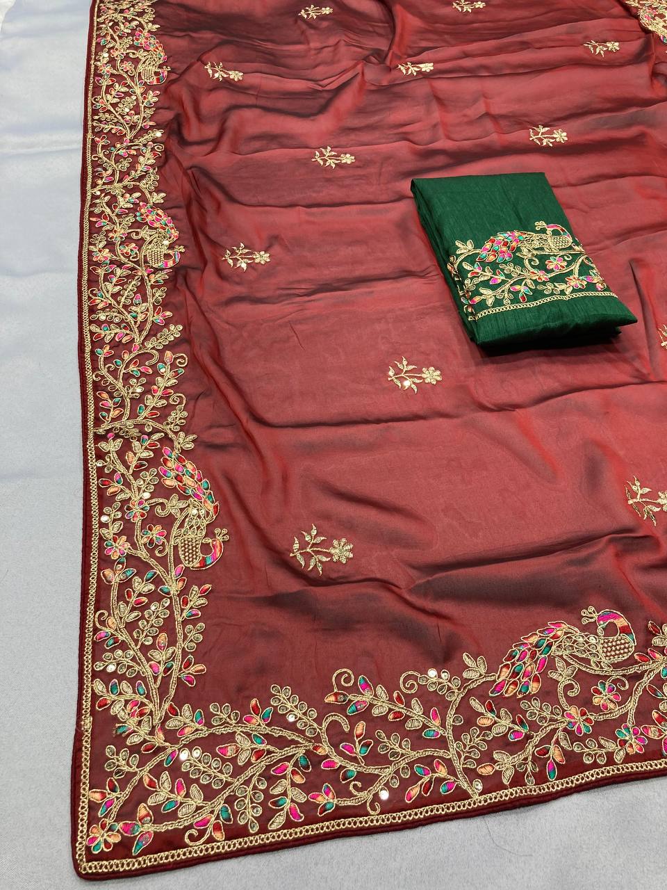 Maroon Embroidered Rangoli Silk Saree Set