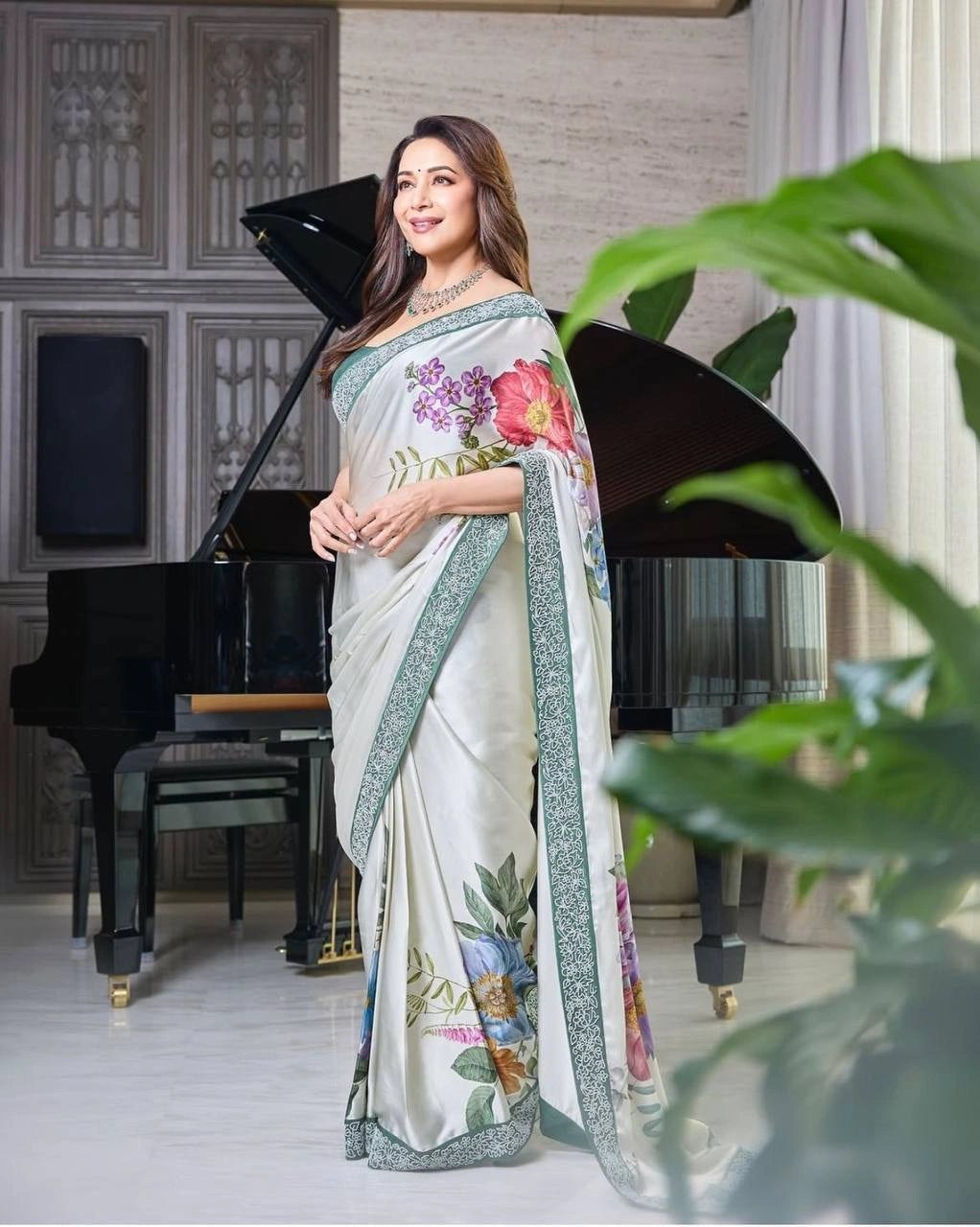 Madhuri Dixit Party Wear Satin Silk Digital Sarees