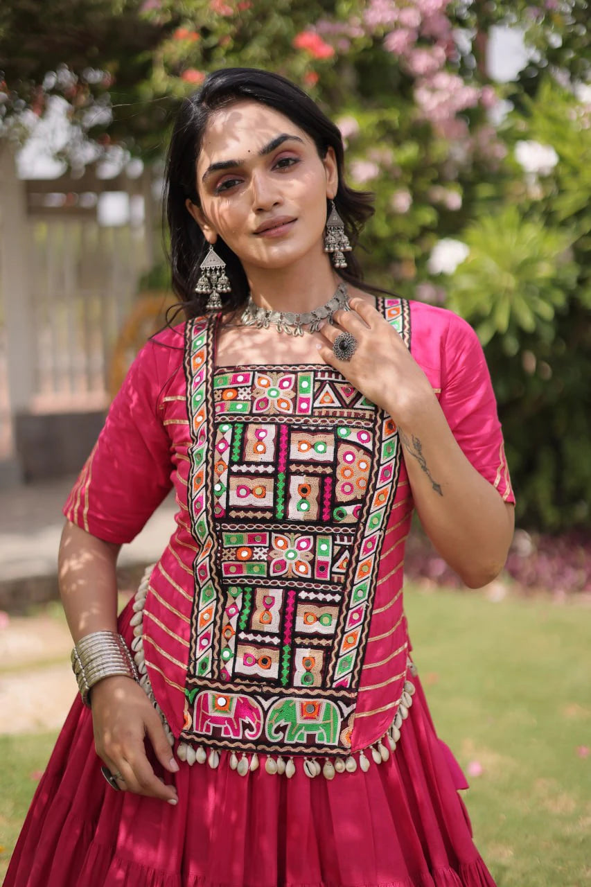 Designer Pink Cotton Lehenga Choli Set with Kutchi Patchwork Blouse and 12 Meter Flared Lehenga