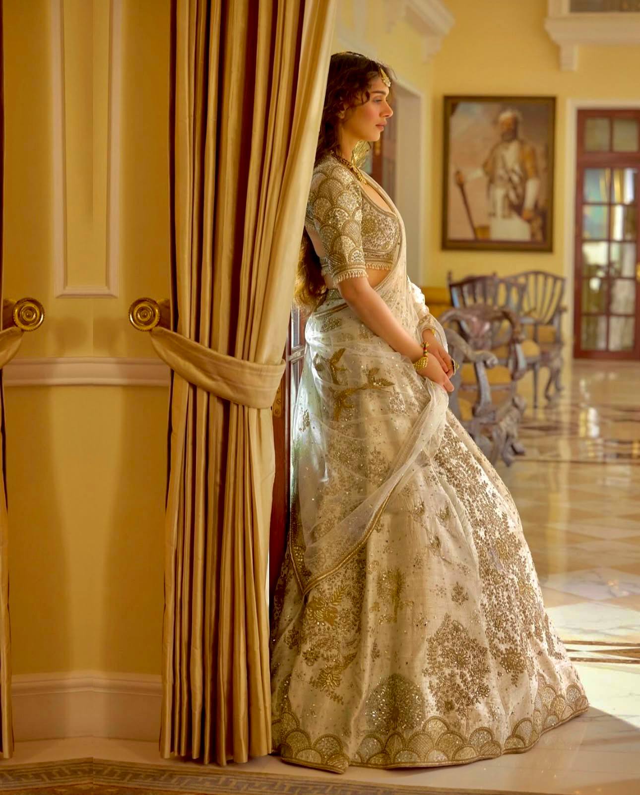 Aditi Ivory Slub Silk Flared Lehenga with All-Over Embroidery
