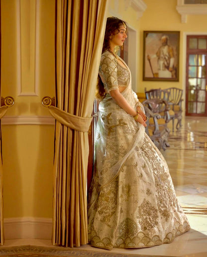 Aditi Ivory Slub Silk Flared Lehenga with All-Over Embroidery