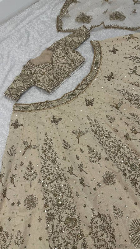 Aditi Ivory Slub Silk Flared Lehenga with All-Over Embroidery