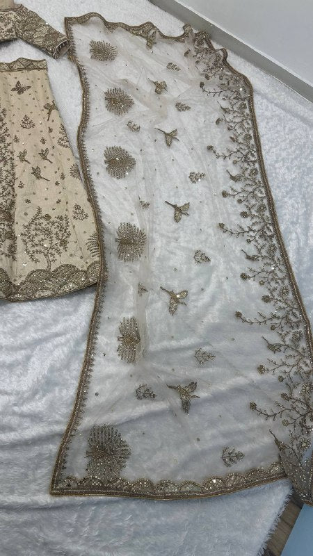 Aditi Ivory Slub Silk Flared Lehenga with All-Over Embroidery